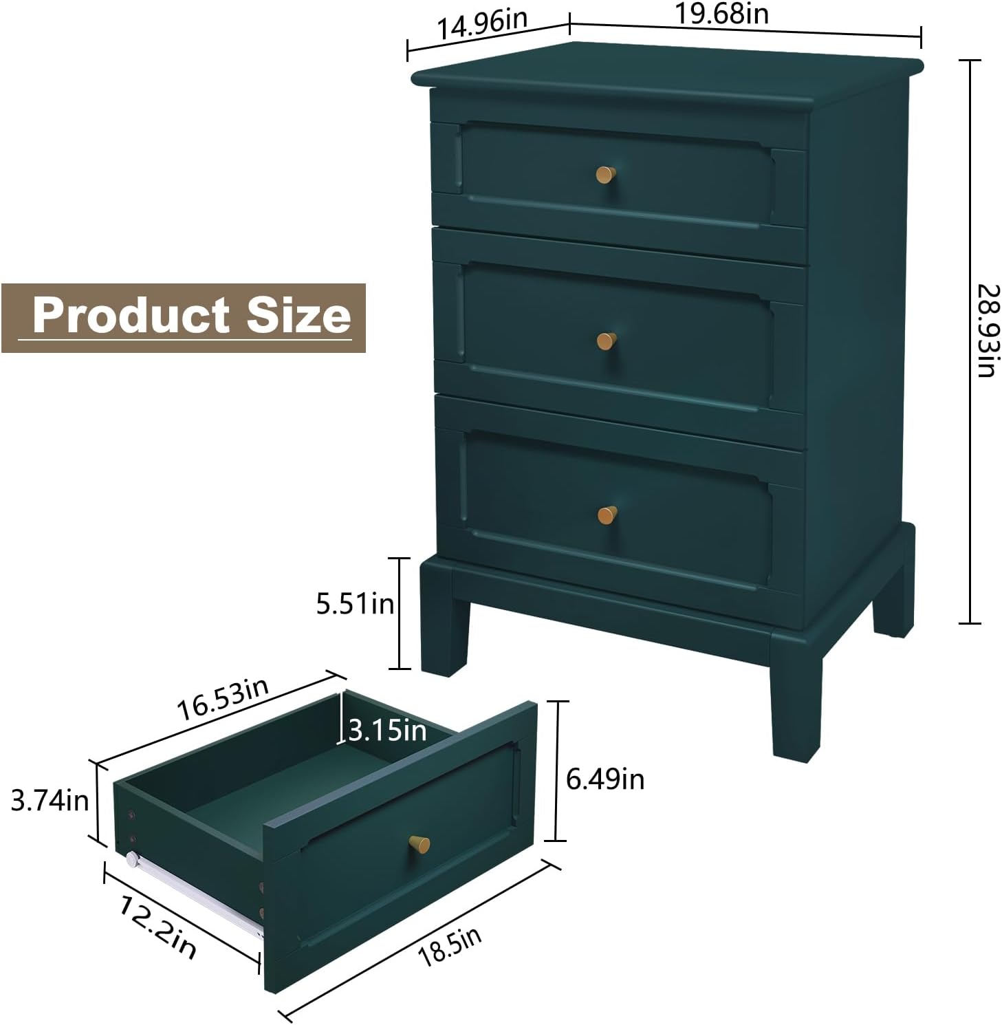 HLR® 20'' Wide 3 Drawers Vintage Nightstands Set of 2, Wood Bedside Tables