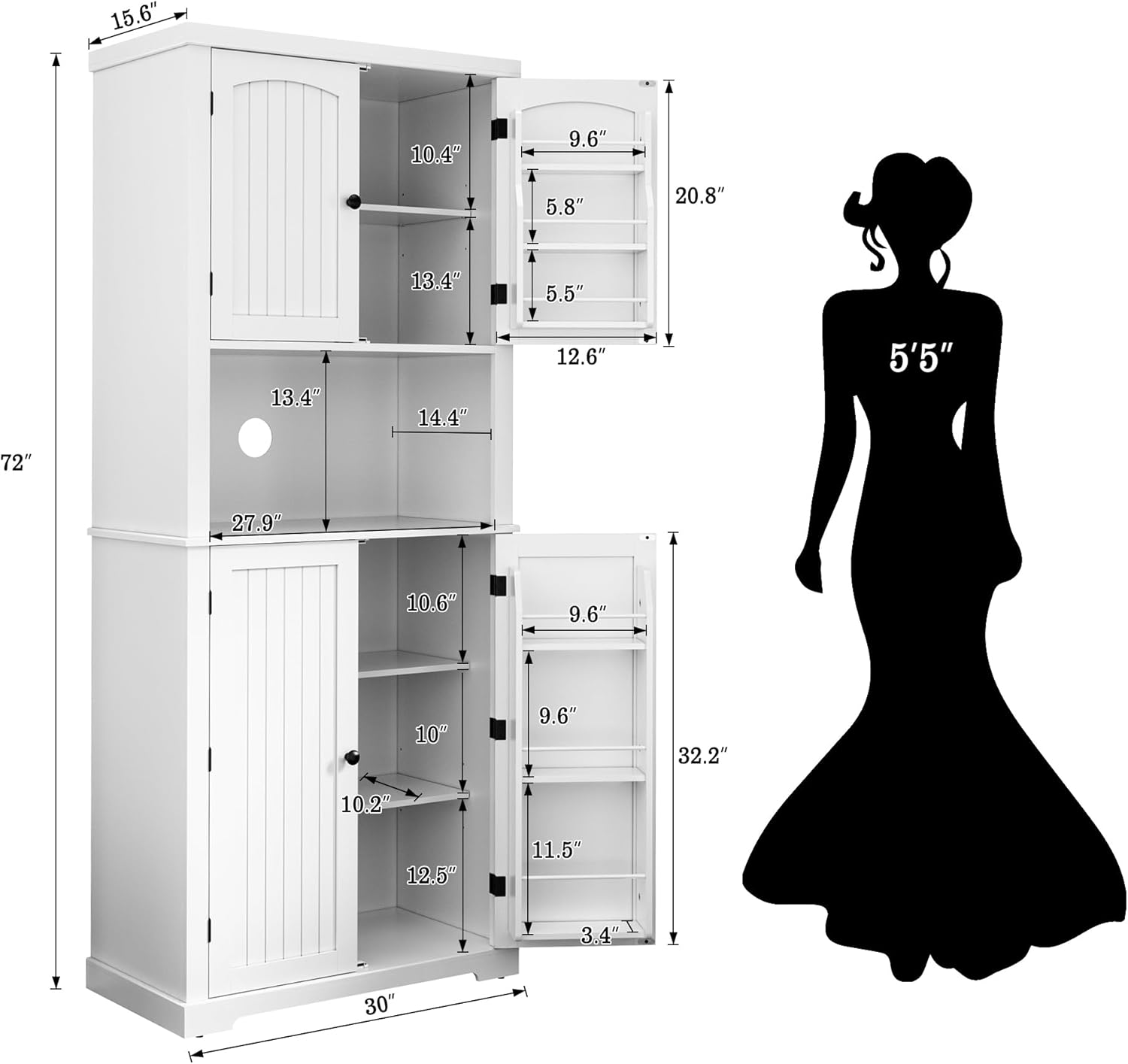 HLR® 72" Kitchen Pantry Storage Cabinet, Freestanding Larder Cupboard, Kitchen Hutch Cabinet