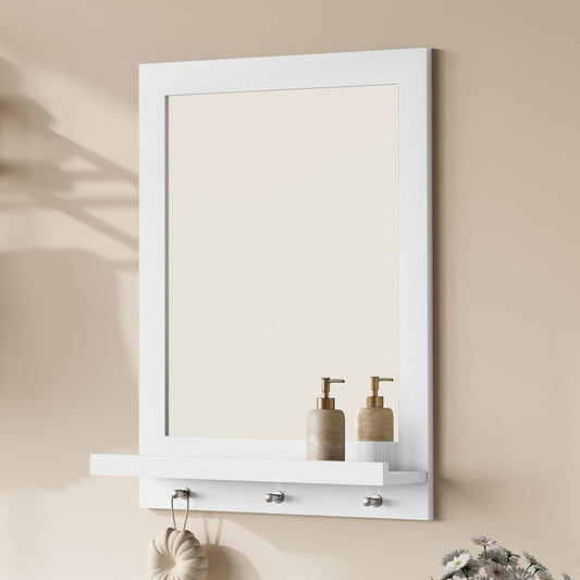 HLR® 24" x 18.5'' Wood Wall Mirror with Shelf, Rectangular Hallway Mirror with Hooks
