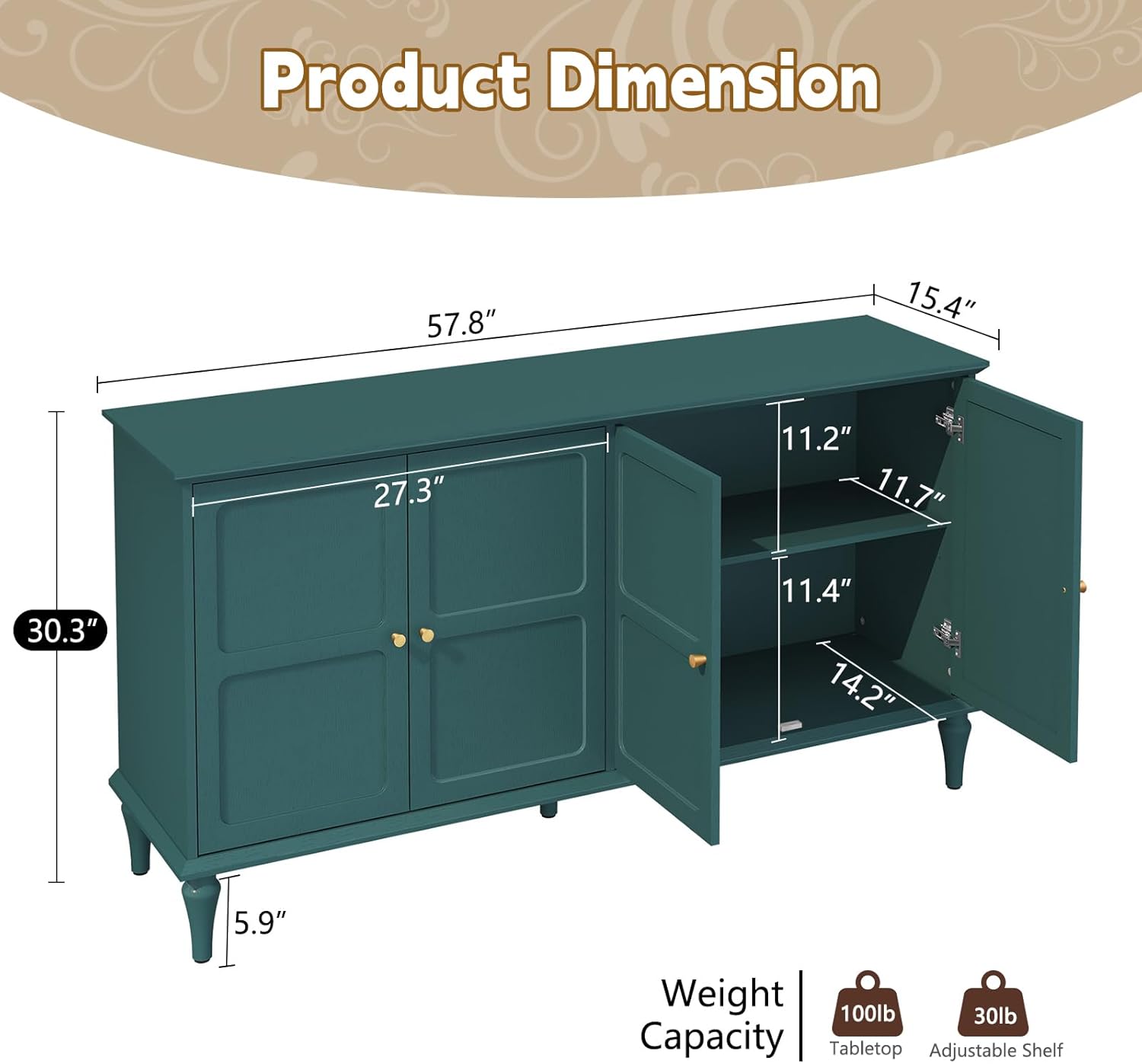 HLR® 58'' Mid-Century Modern Buffet Storage Cabinet with 4 Doors and Adjustable Shelves