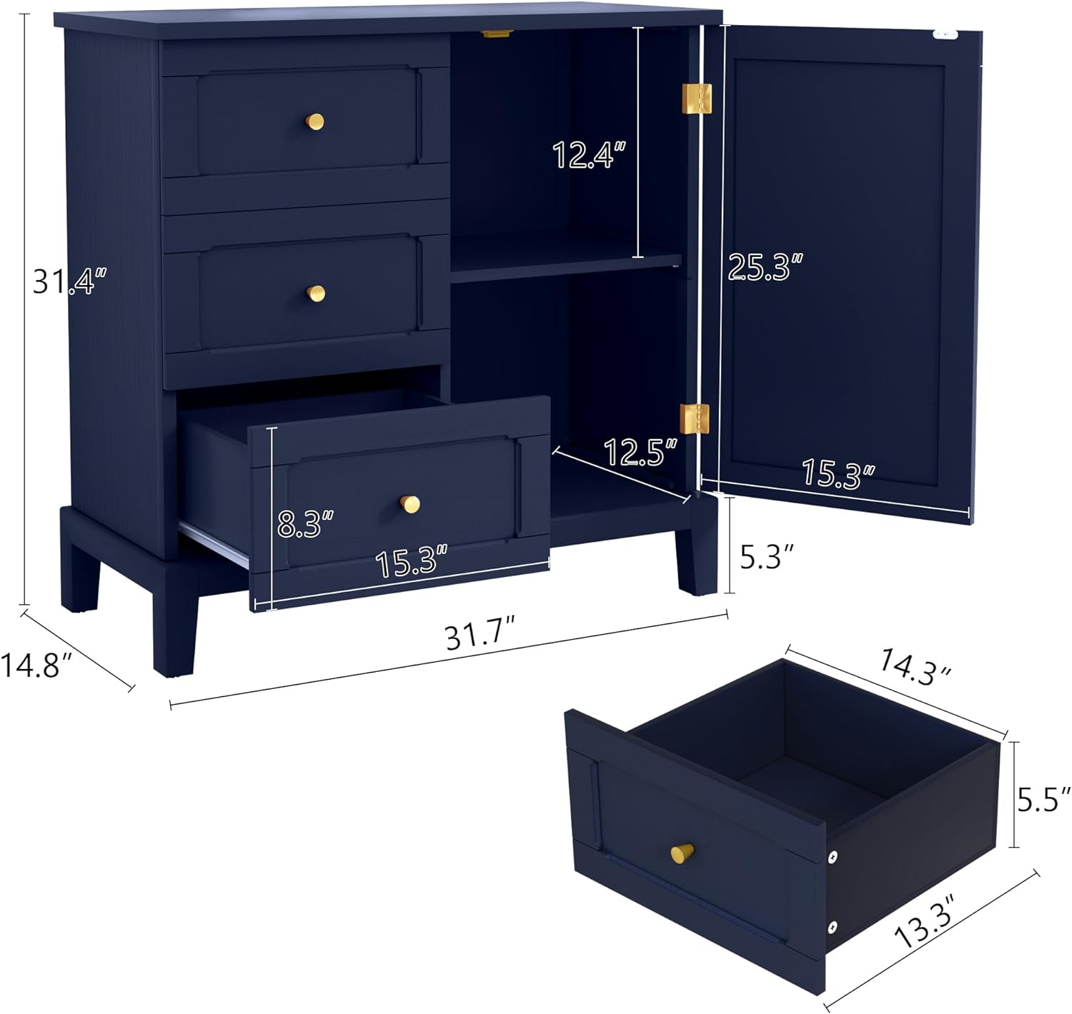 Armoire d'appoint HLR® avec 3 tiroirs et porte, armoire de rangement en bois avec étagères 