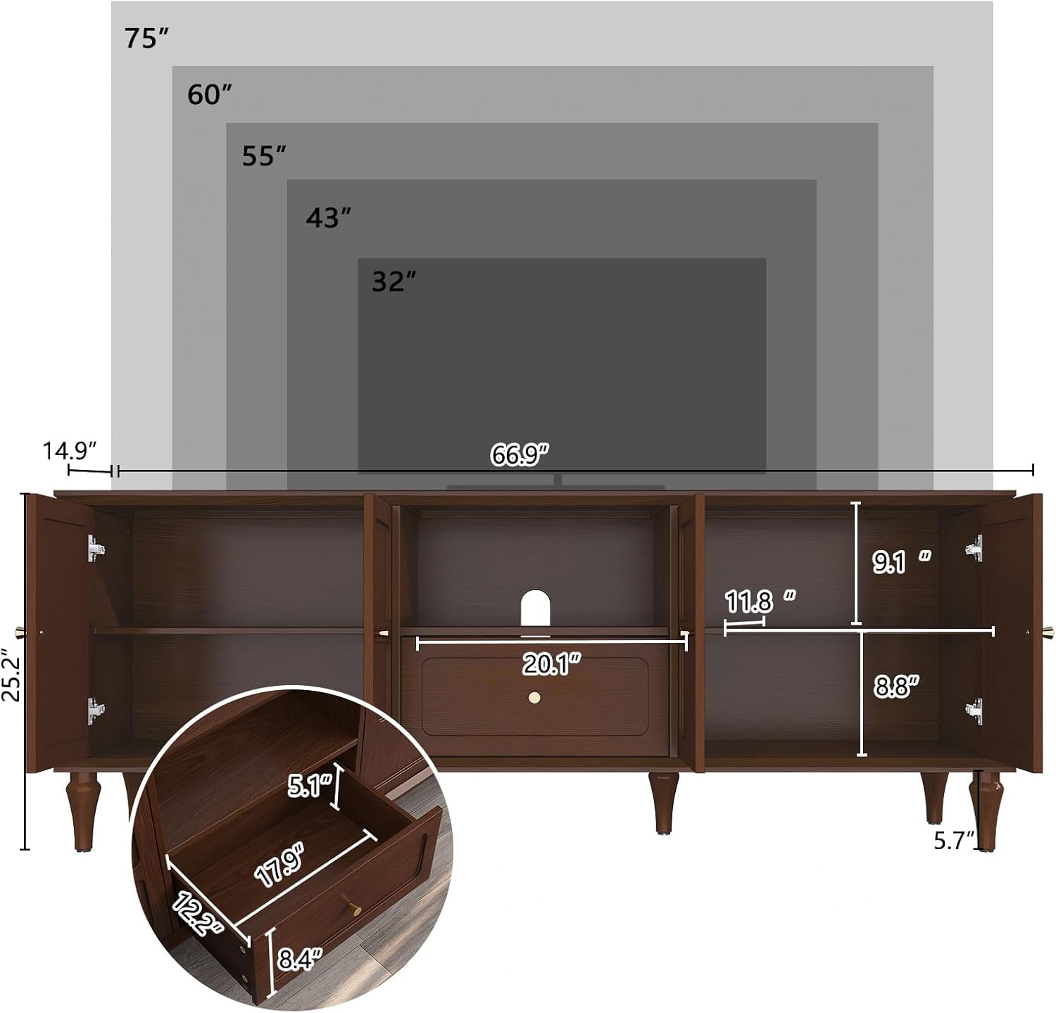 HLR® 66'' Mid-Century Modern TV Stand with Storage Drawer and Doors, Long TV Stand
