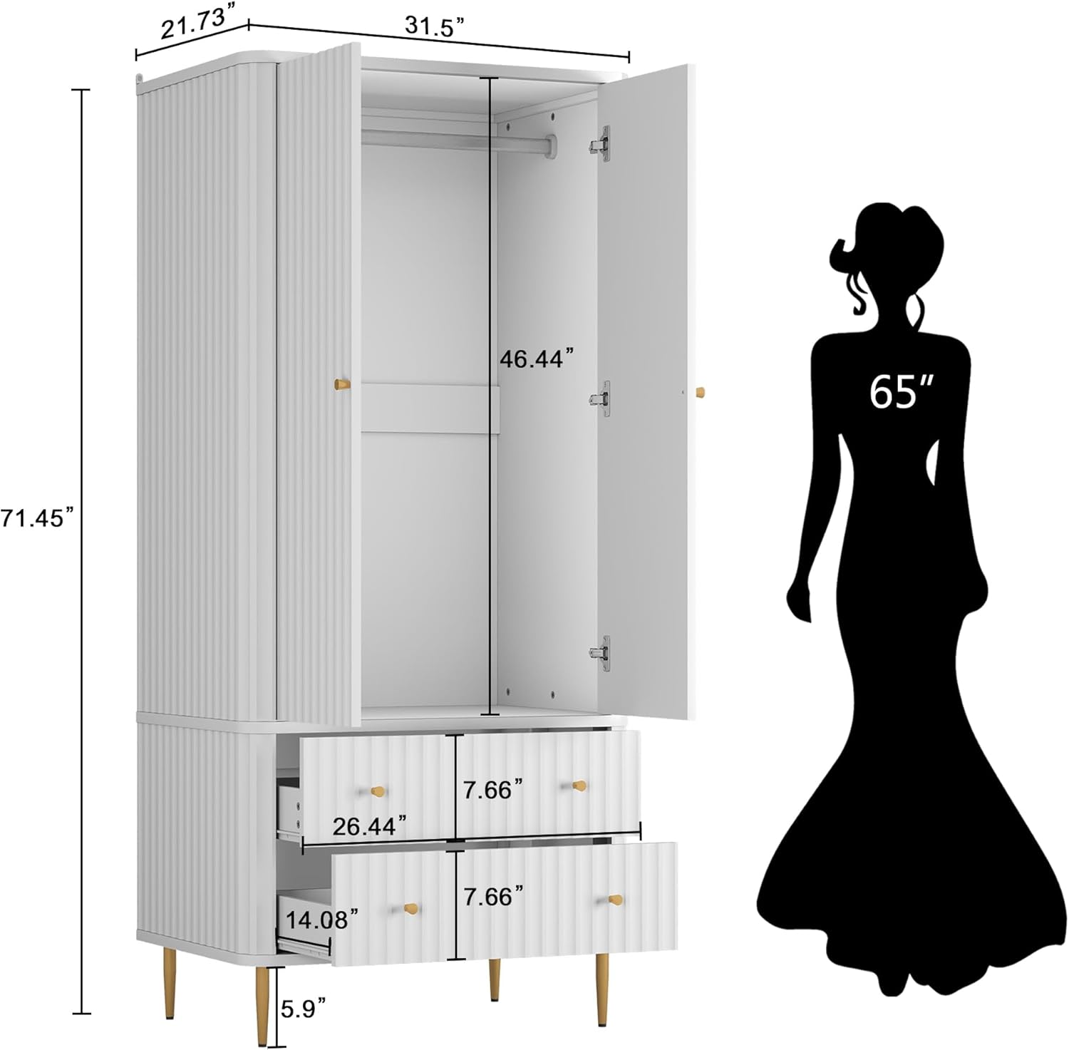 HLR® Armoire Wardrobe Closet with 2 Doors and 2 Drawers, 71'' Tall Modern Wardrobe Storage Cabinet