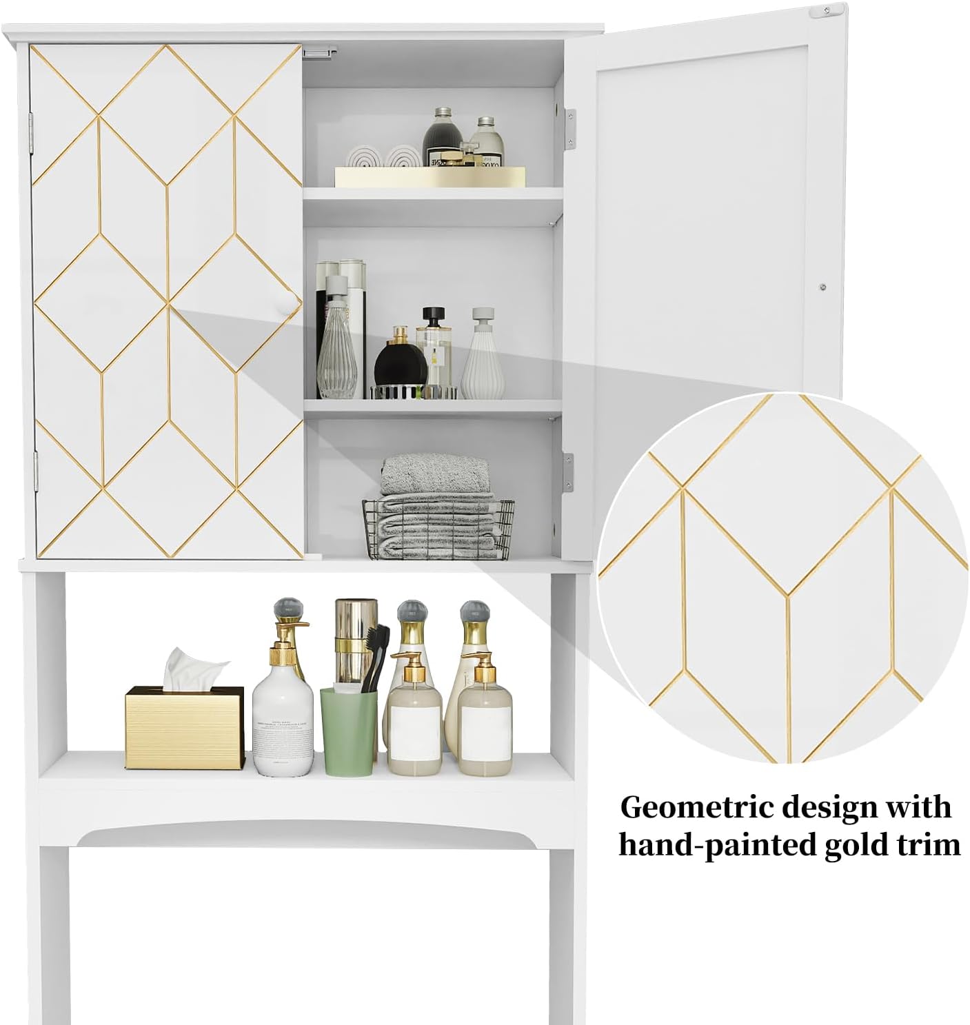 HLR® Over The Toilet Storage Cabinet with Gold Trim, Modern Bathroom Cabinet Over Toilet
