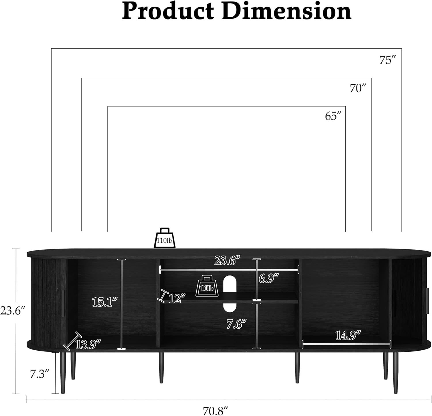 HLR® 70" Modern TV Stand with Tambour Door for TVs up to 80", Entertainment Center with Storage