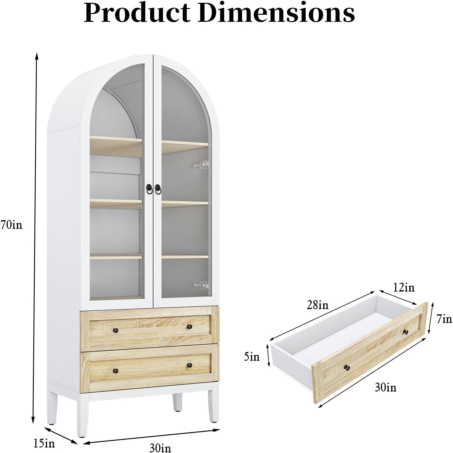 HLR® 71" Tall Arched Storage Cabinet, Modern Farmhouse White Kitchen Pantry Cabinet