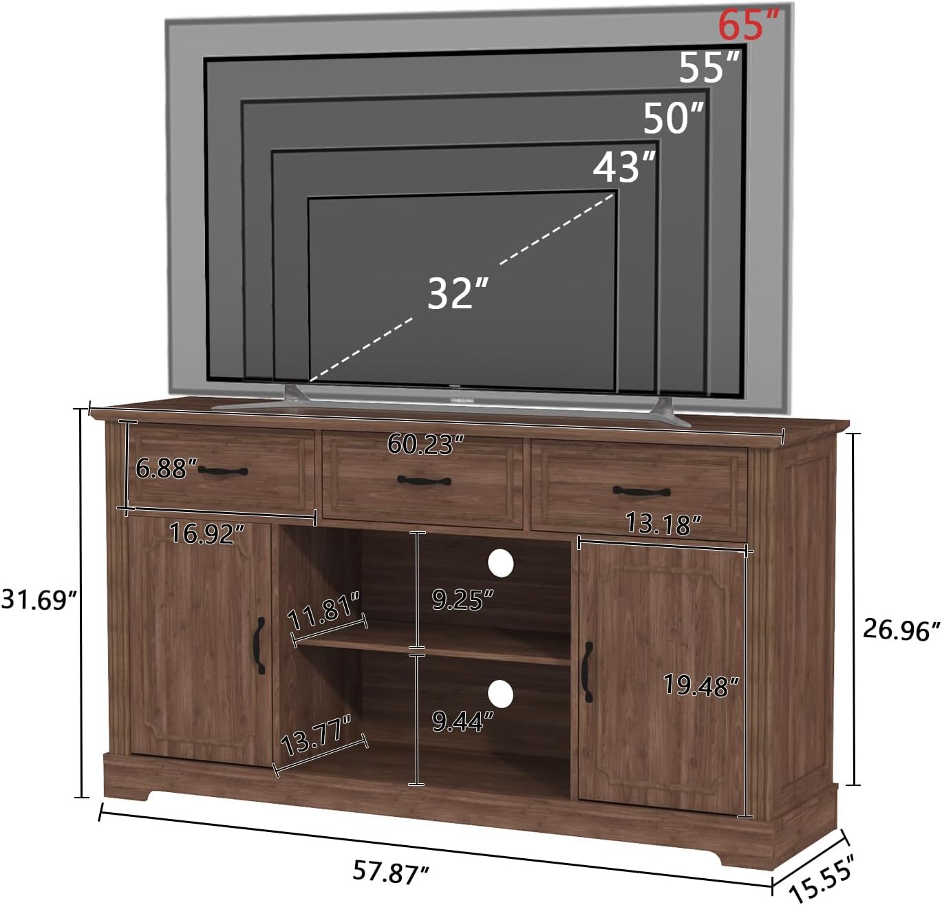 HLR® TV Stand with 3 Drawers for TV up to 65'', Wood Mid Century Television Cabinet