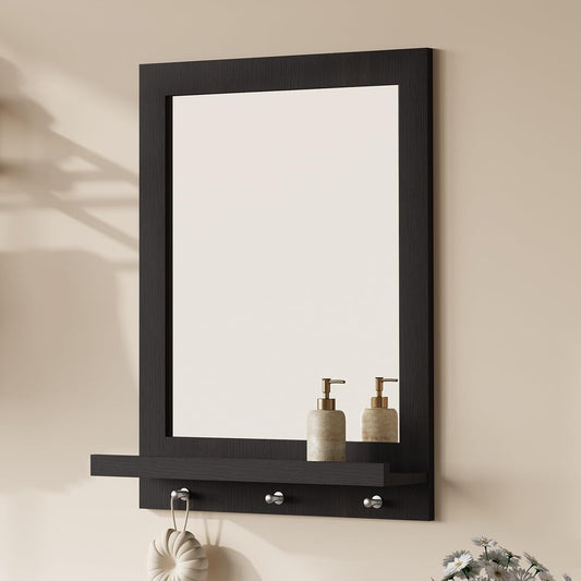 HLR® 24" x 18.5'' Wood Wall Mirror with Shelf, Rectangular Hallway Mirror with Hooks