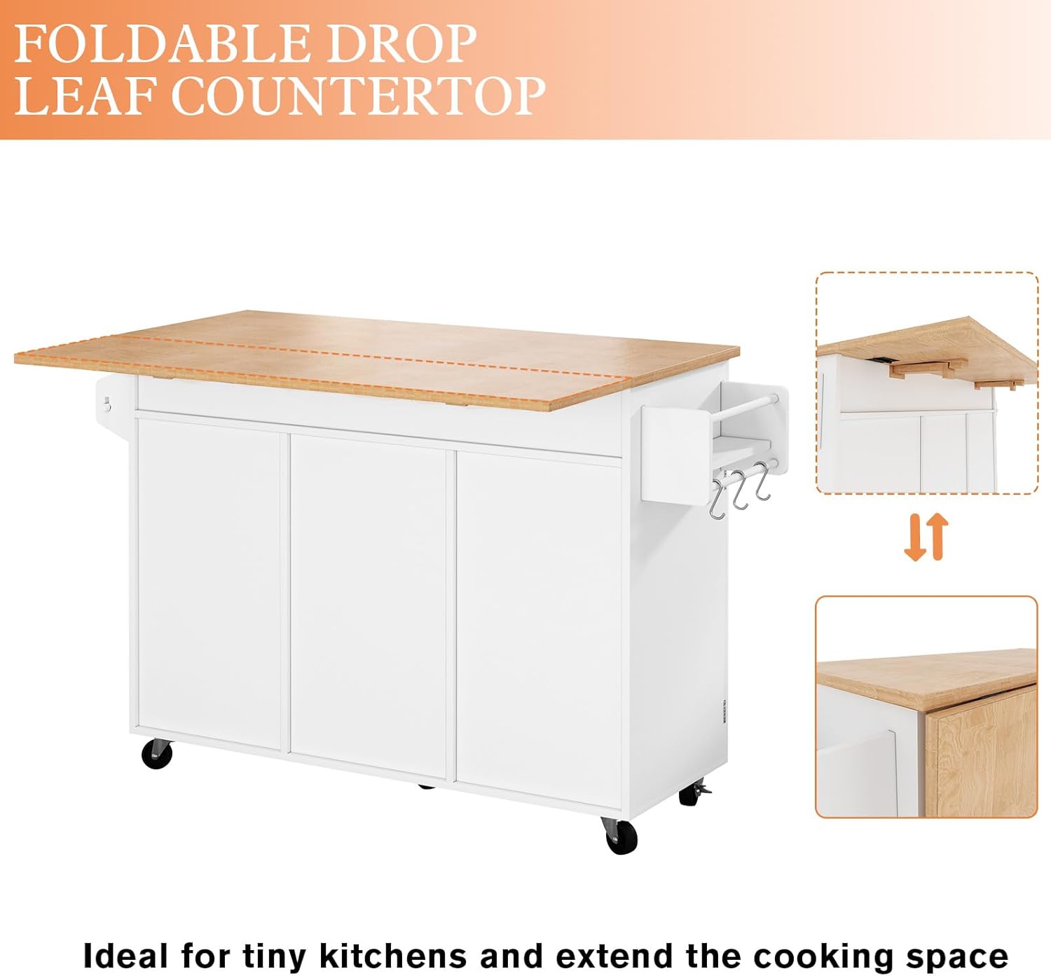 HLR® Kitchen Island On Wheels, Rolling Kitchen Island Cart with Drop Leaf Countertop