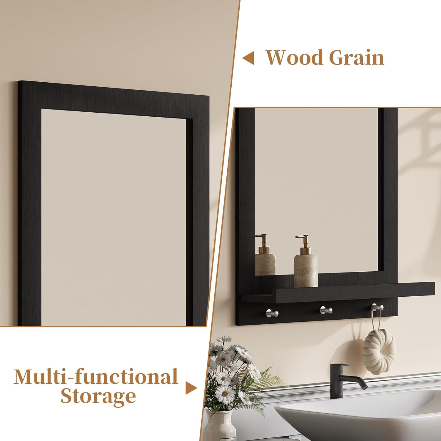 HLR® 24" x 18.5'' Wood Wall Mirror with Shelf, Rectangular Hallway Mirror with Hooks