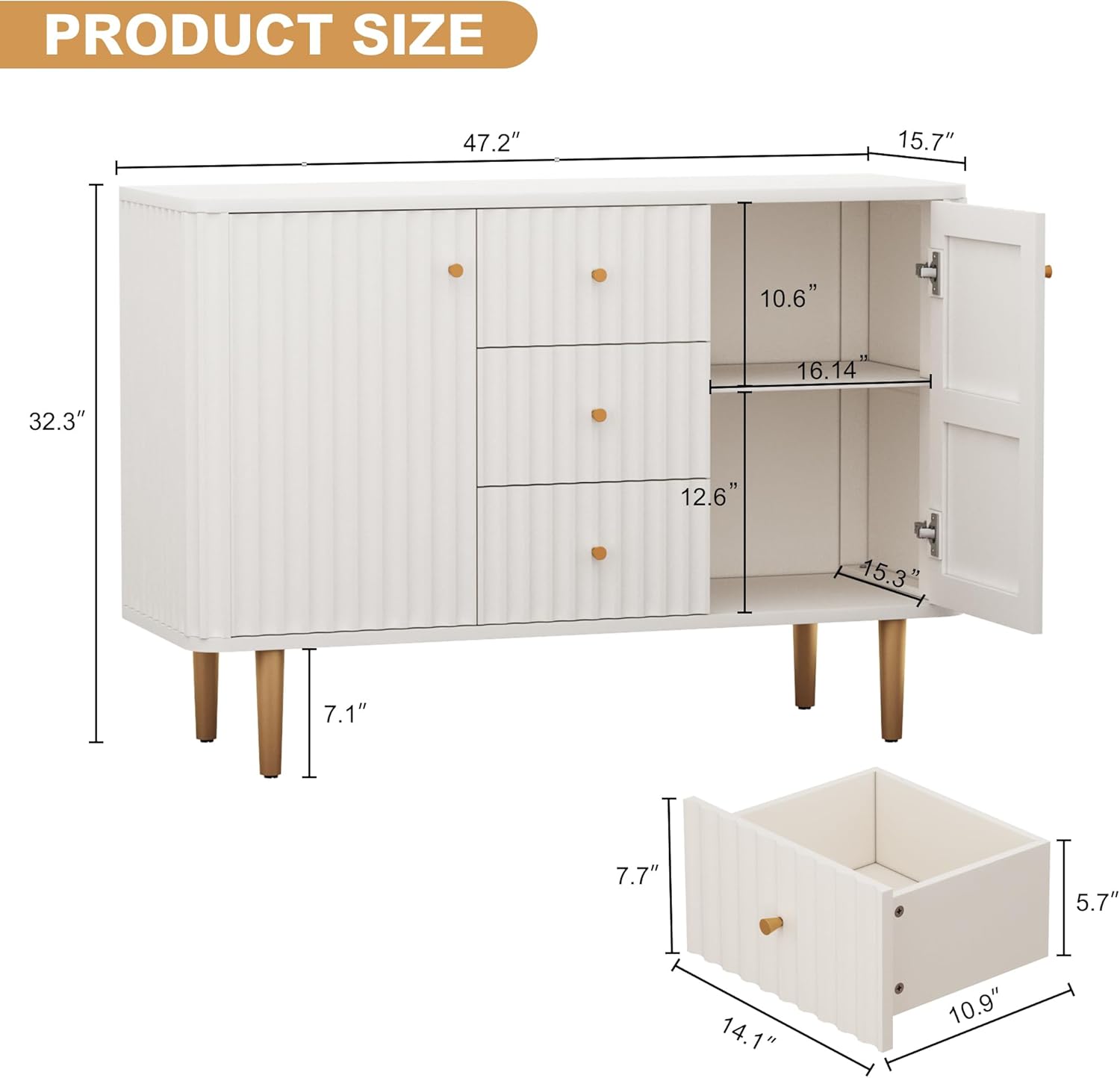 HLR® Sideboard Buffet Cabinet with Storage, 48" Fluted Accent Cabinet with 2 Drawers and 2 Doors