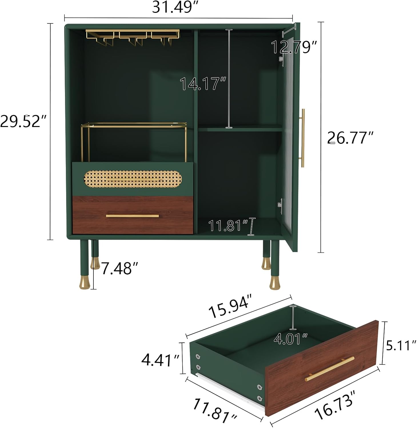 HLR® Modern Coffee Bar Cabinet with Wine Glass Rack and Drawers, Blue Liquor Cabinet