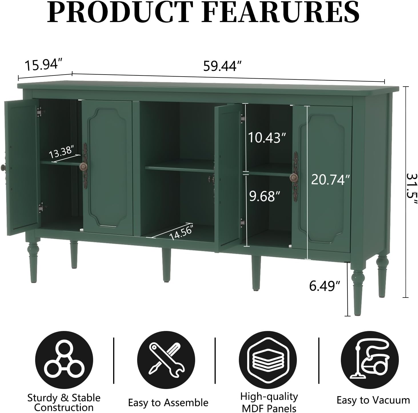 Buffet vintage HLR® avec 4 portes, 140 cm, meuble de rangement moderne du milieu du siècle
