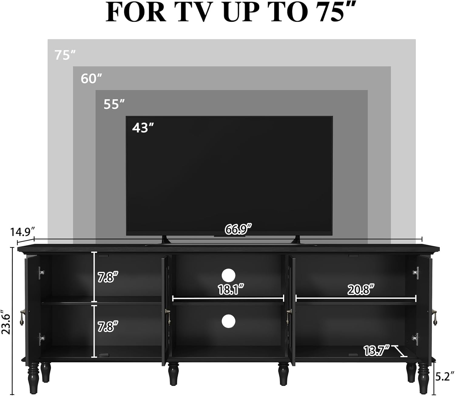 HLR® 67" TV Stand for TVs up to 75 inch, Retro Entertainment Center