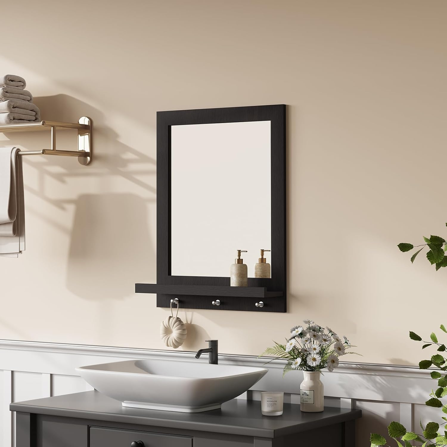 HLR® 24" x 18.5'' Wood Wall Mirror with Shelf, Rectangular Hallway Mirror with Hooks