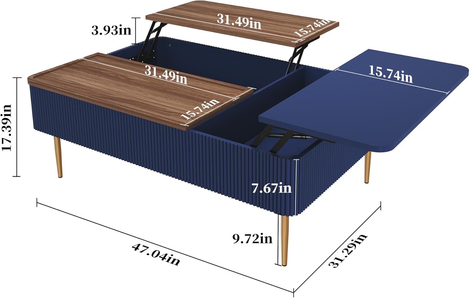 HLR® 47" Dual Lift Top Coffee Table with Storage, Modern Wood Fluted Coffee Table
