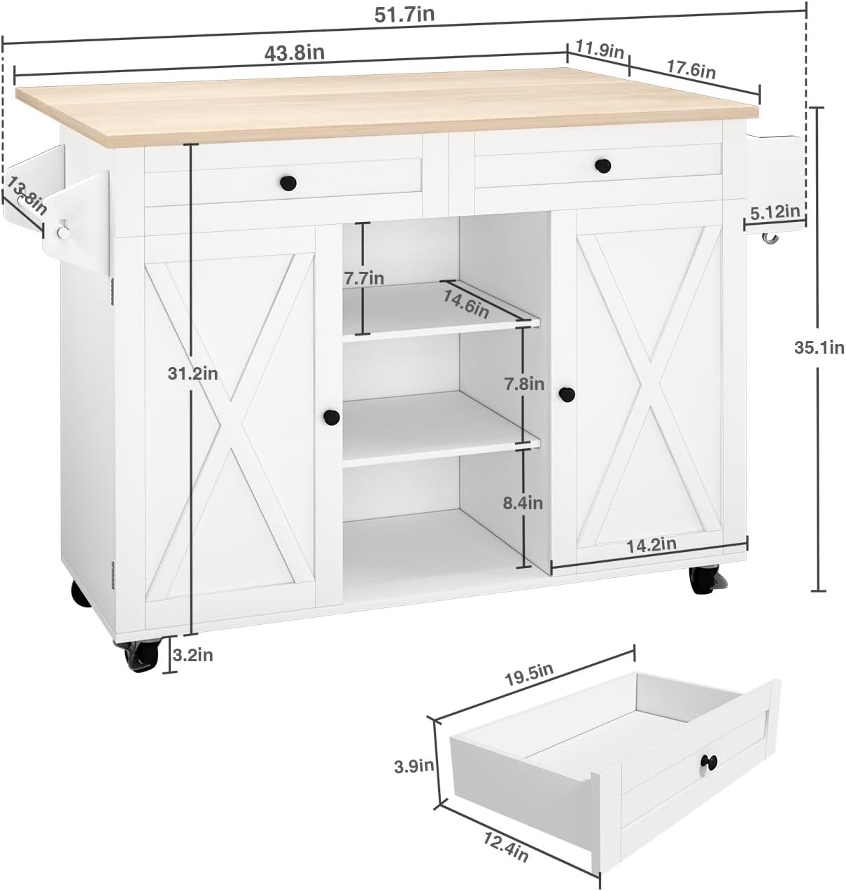 HLR® Kitchen Island On Wheels, Rolling Kitchen Island Cart with Drop Leaf Countertop