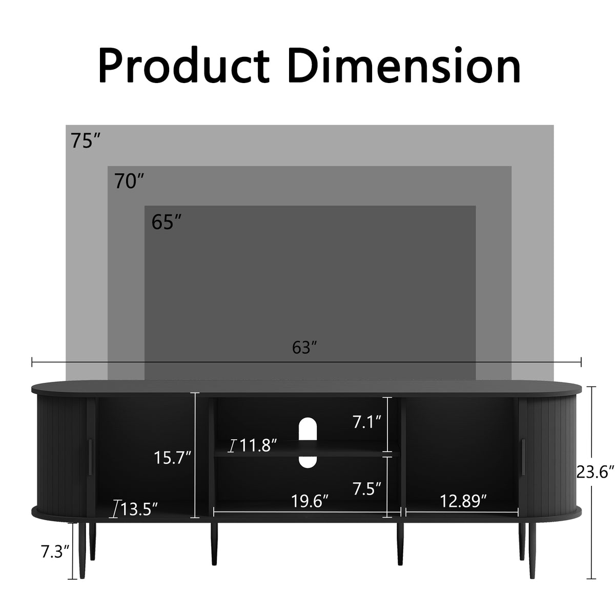 HLR 63" Black TV Stand for 75" TV, Wood Entertainment Center with 2 Sliding Tambour Doors Storage, Mid-Century
