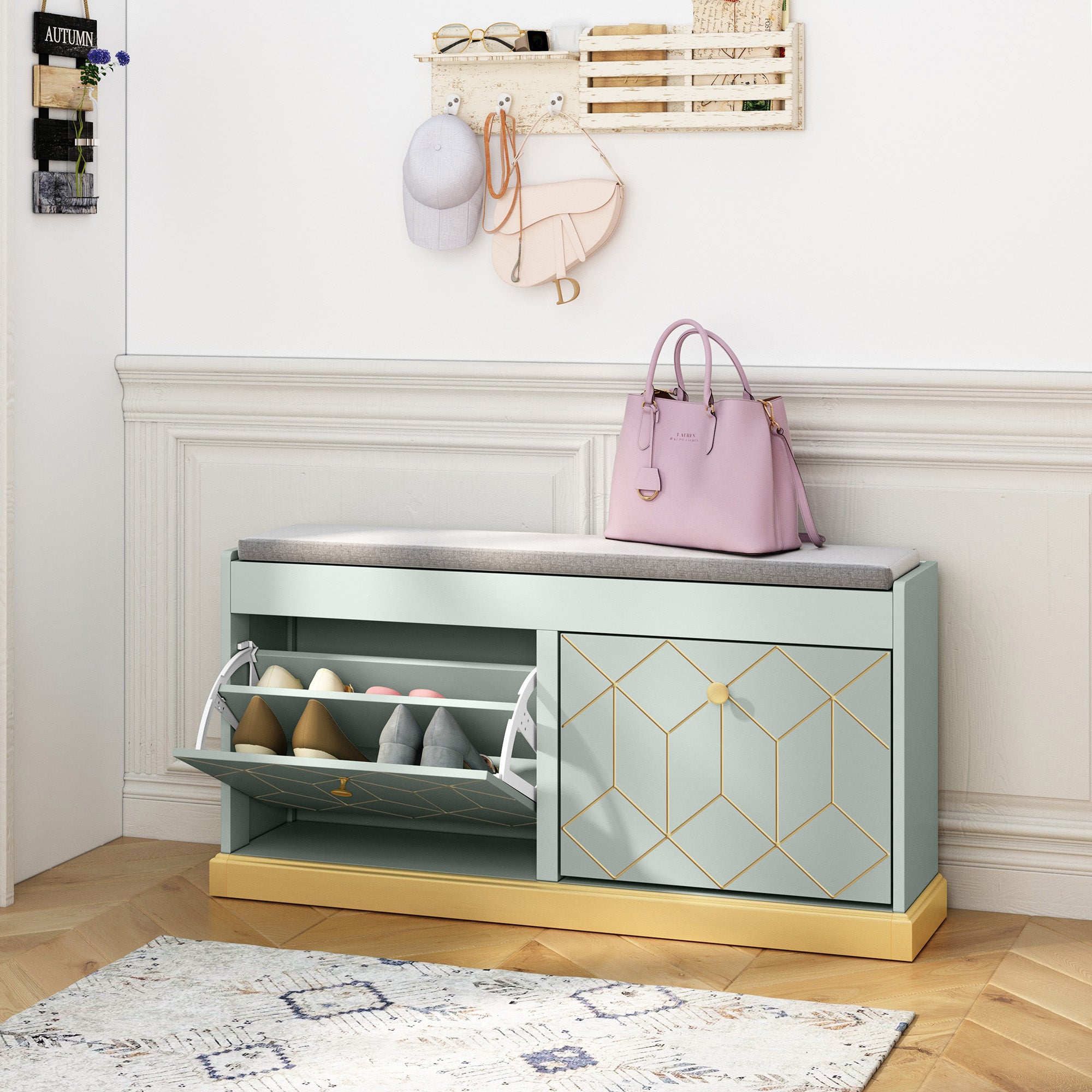 Banc à chaussures HLR® avec rangement, banc d'entrée moderne avec 2 tiroirs rabattables et siège rembourré