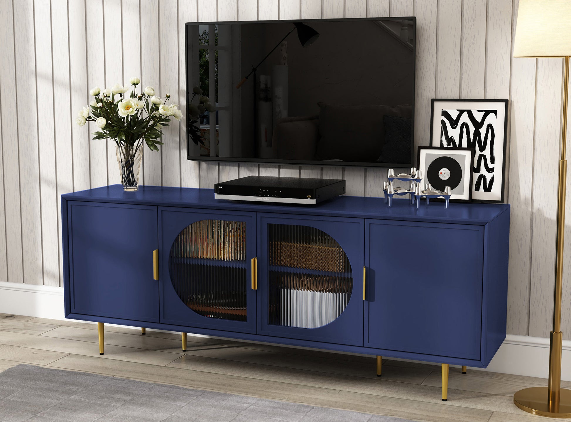 CBJCBJ 66" TV up to 75" Stand for Living Room, Entertainment Center with Glass Storage Cabinet