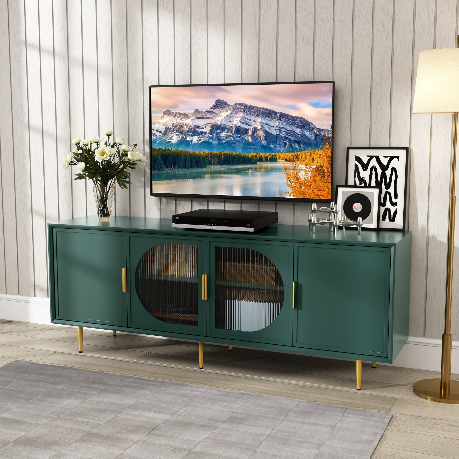 CBJCBJ 66" TV up to 75" Stand for Living Room, Entertainment Center with Glass Storage Cabinet,Green