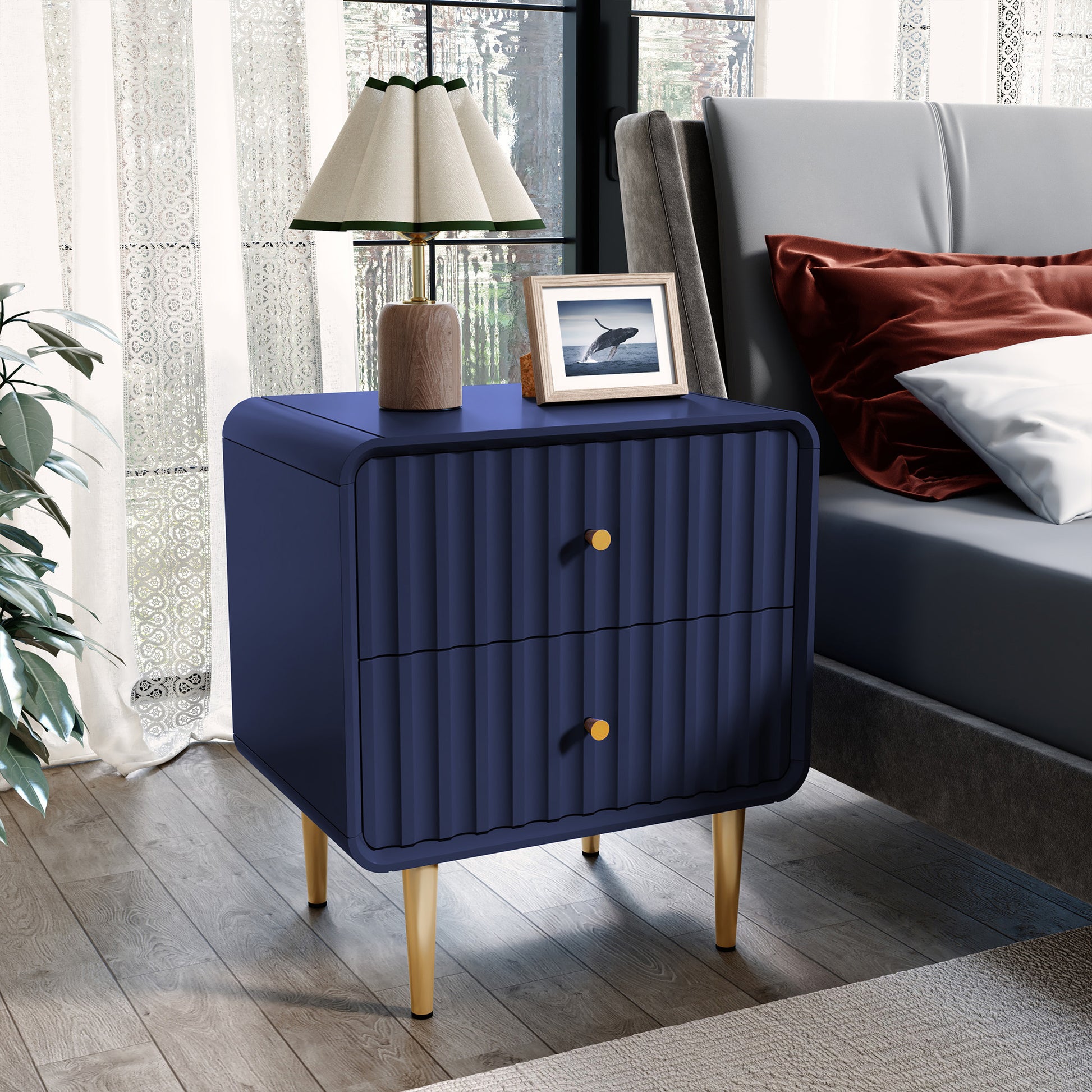 CBJCBJ 20" Modern Fluted Nightstand Set of 1, black Wood Bedside Table with 2 Drawers & Gold Metal Handles