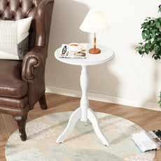 HLR Round Small End Table, Wooden Pedestal Side Coffee Table, Vintage Accent Nightstand for Living Room, Bedroom, Entryway, White