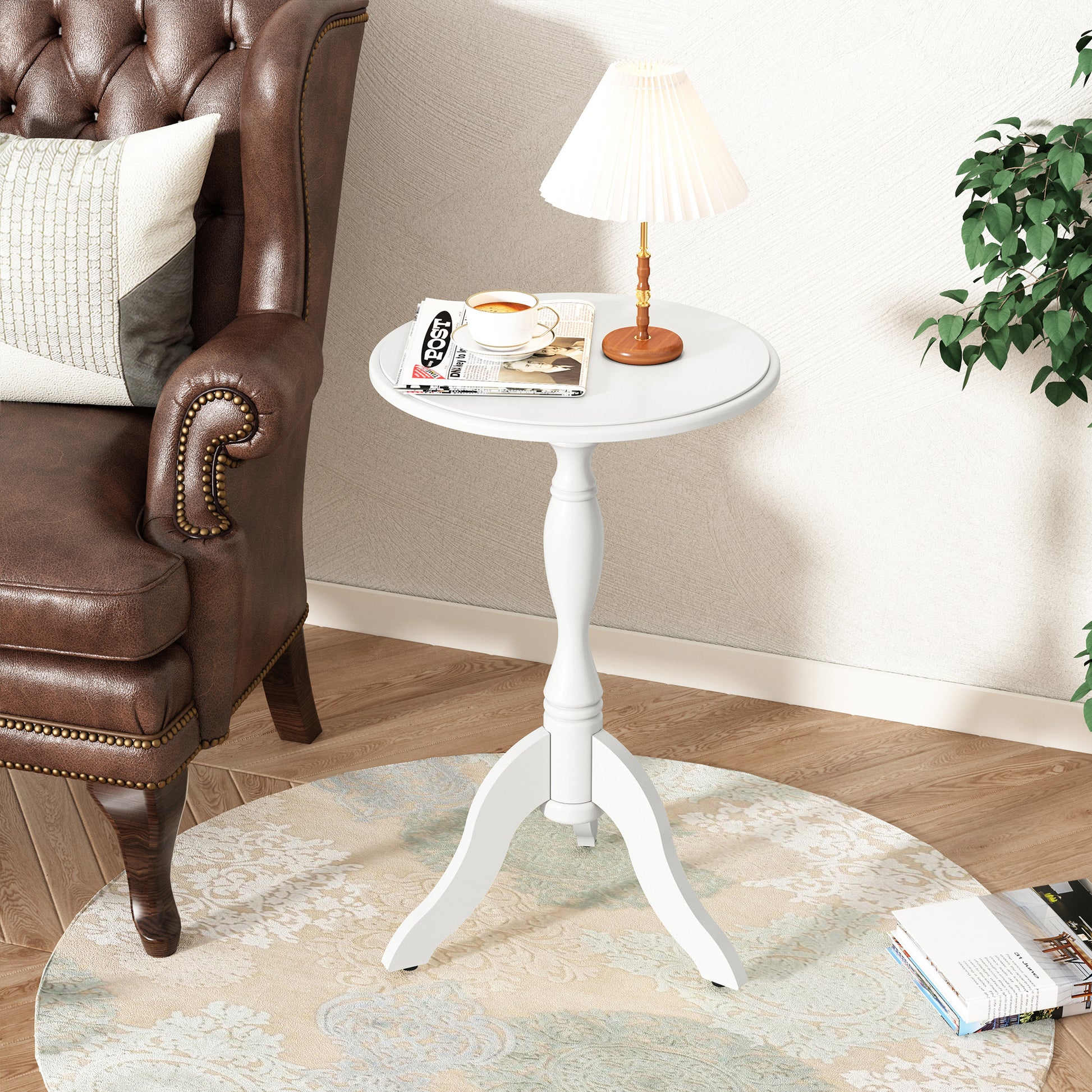 HLR Round Small End Table, Wooden Pedestal Side Coffee Table, Vintage Accent Nightstand for Living Room, Bedroom, Entryway, White