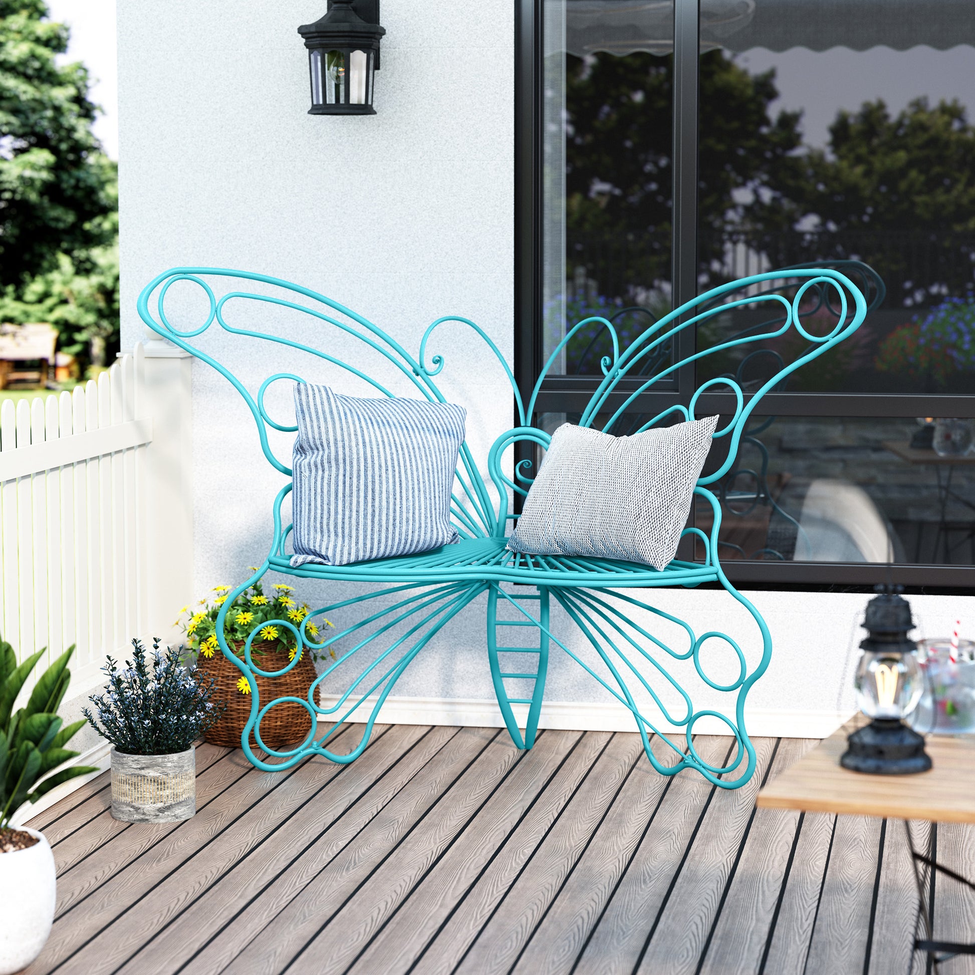 CBJCBJ 50" Weatherproof Outdoor Patio Bench，Metal Butterfly Design for Garden and Lawn Porch， Blue