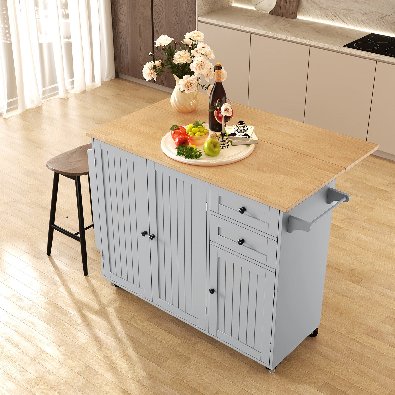HLR 50.39" Kitchen Island with Storage, Wood Top Cart with Drop Leaf and Wheels, Gray