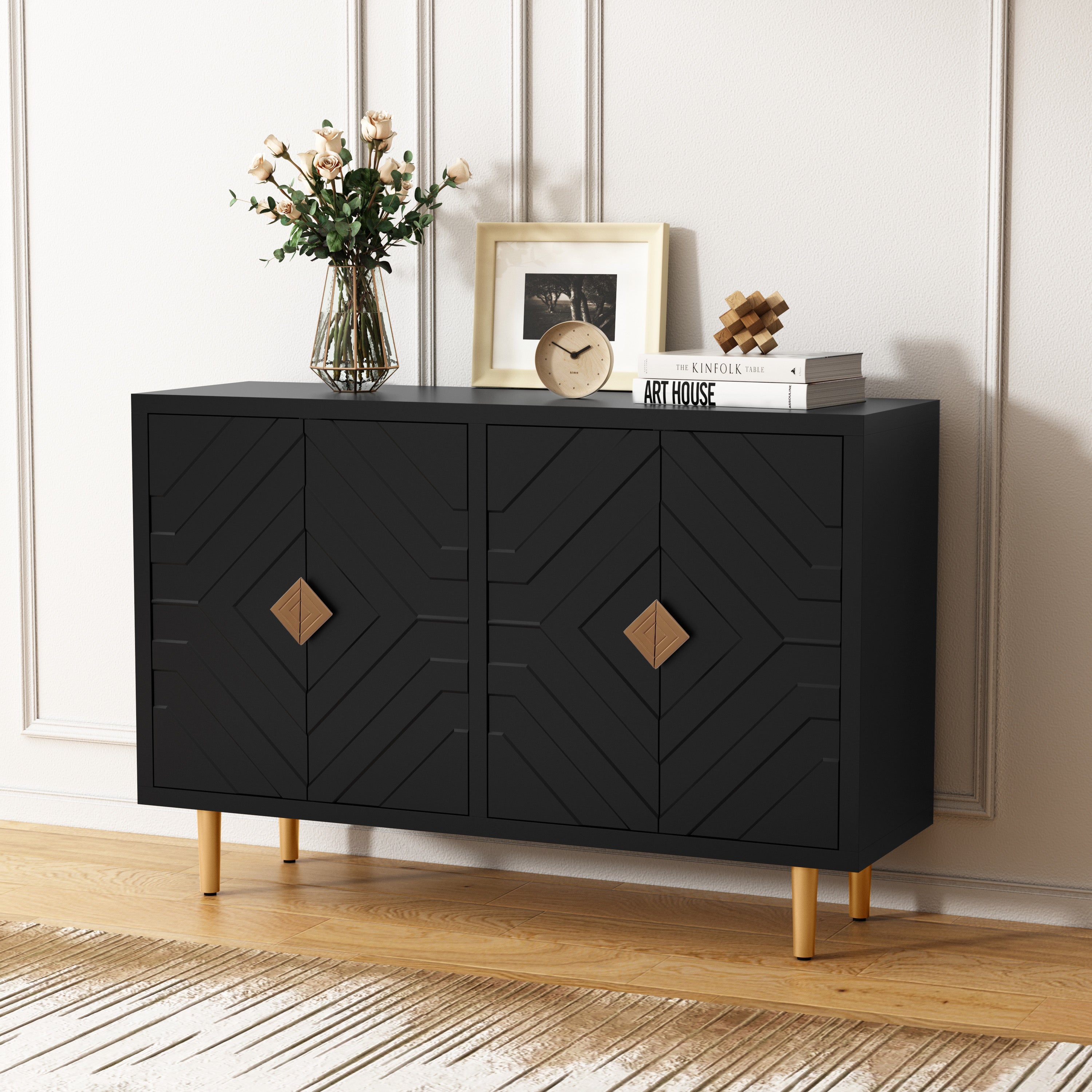 CBJCBJ 48" Modern Accent Sideboard, Buffet Cabinet with 4 Doors & Shelves, Credenza for Living Room Storage,Black