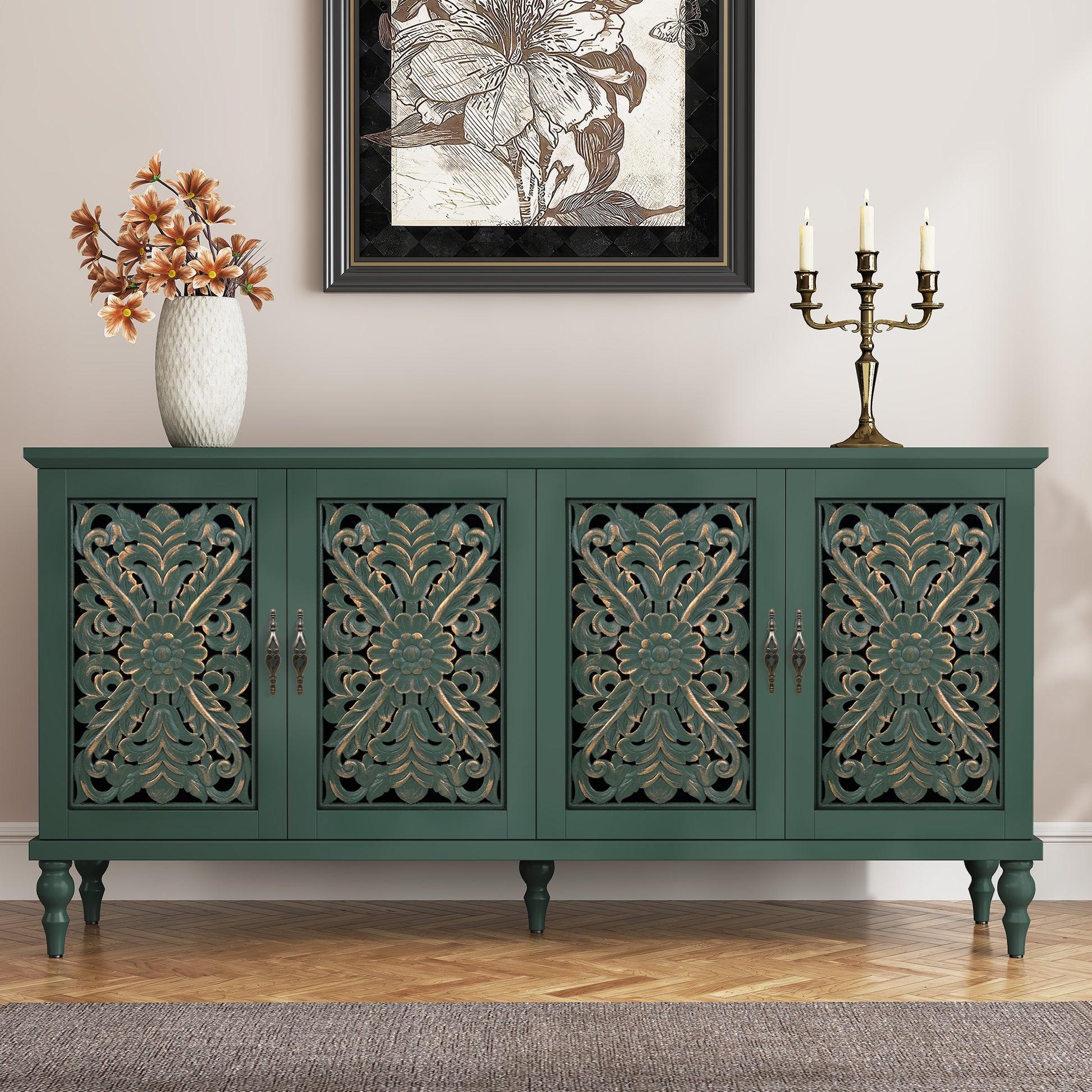 CBJCBJ Mid-Century Retro 62" Wood Openwork Carved 4 Door Sideboard Buffet Cabinet for Living Dining & Bedroom,Green
