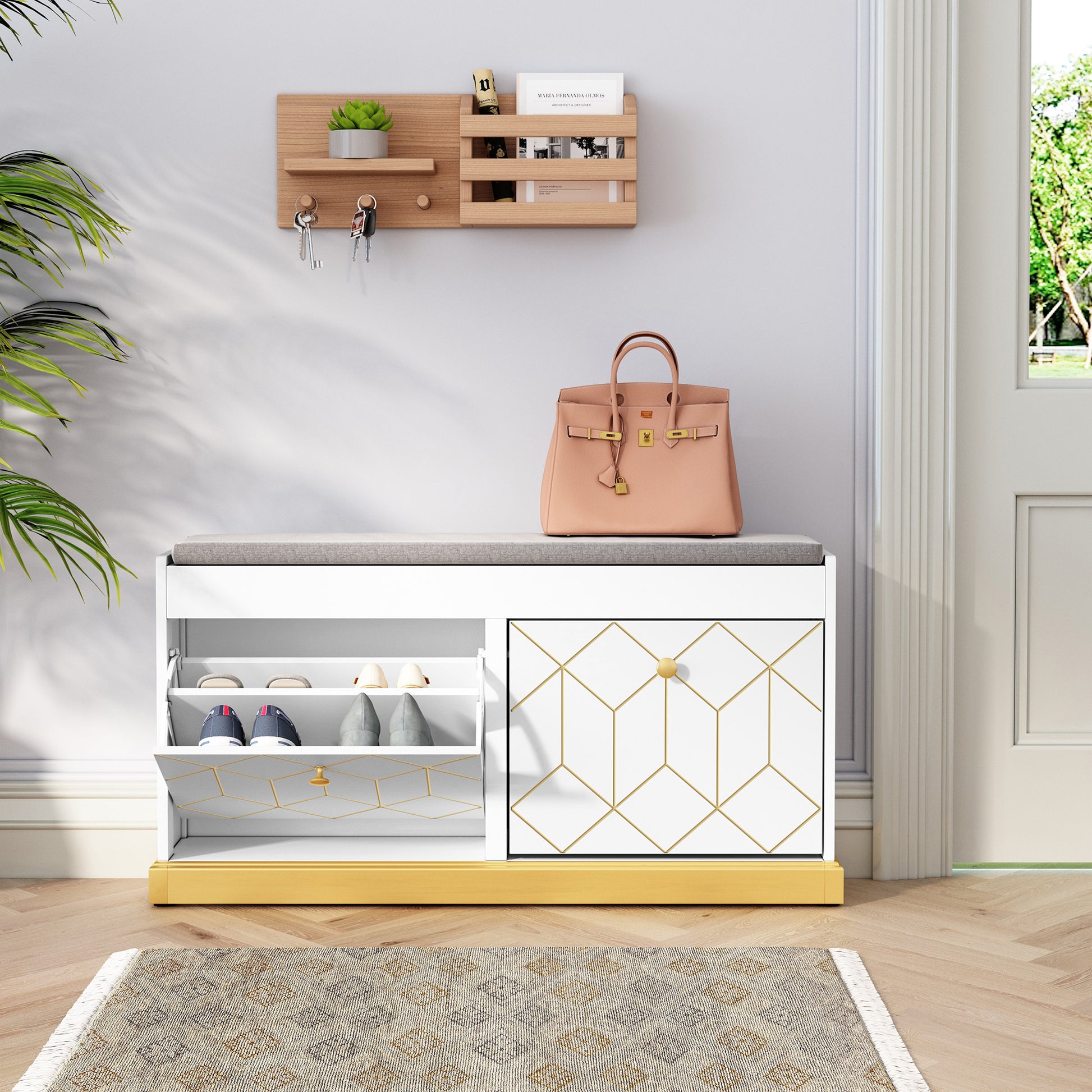 CBJCBJ 39"W Multifunction Suitable Shoe Bench with Soft Cushion and 2 Drawers for Entryway, White