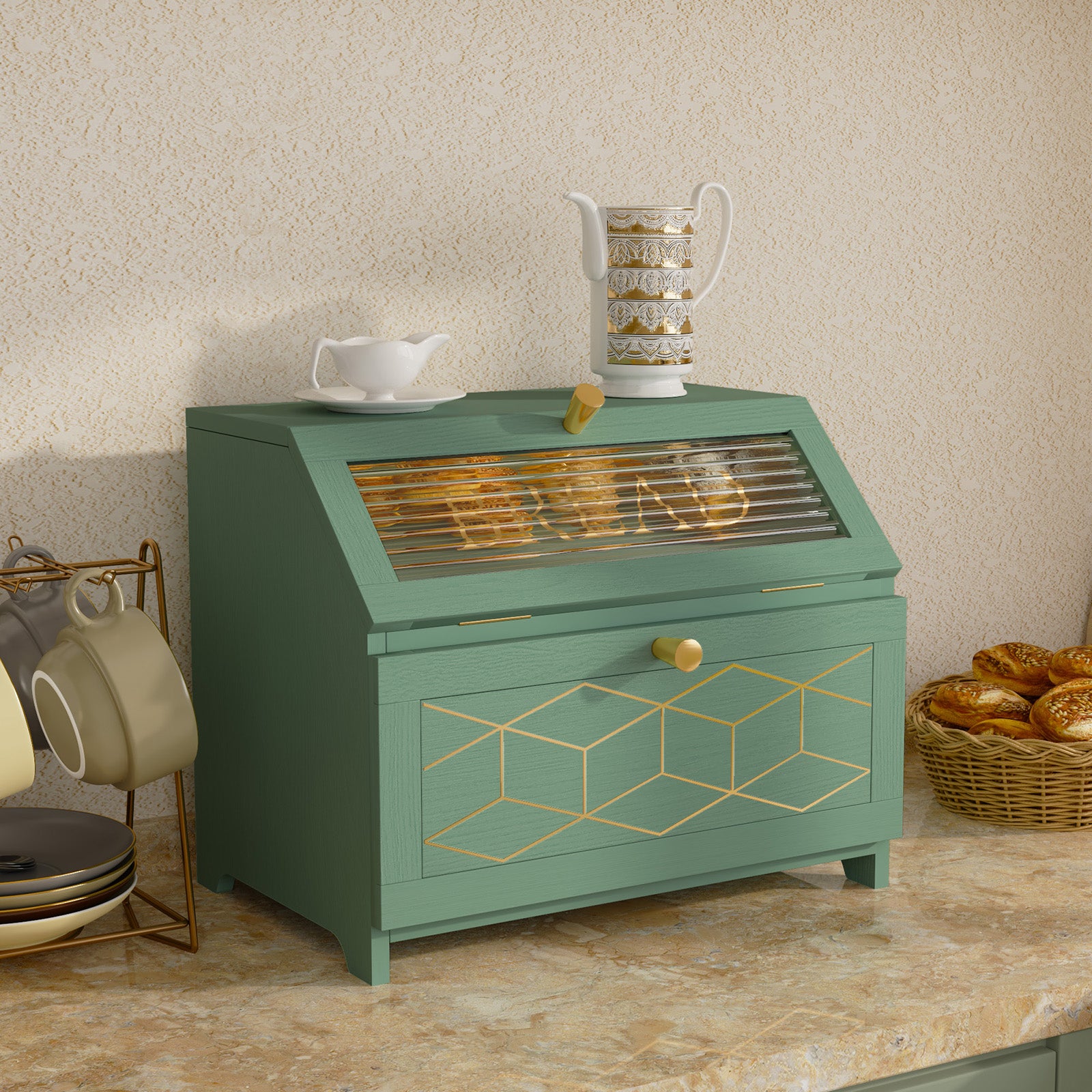 HLR® Double Layer Bread Box With Golden Trim for Countertop