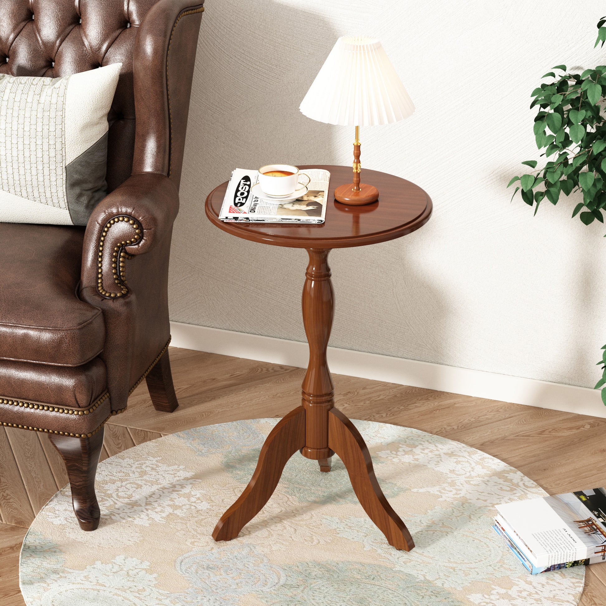 HLR Round Small End Table, Wooden Pedestal Side Coffee Tables, Vintage Accent Nightstand for Living Room, Bedroom, Entryway (2, Walnut)