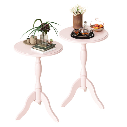 HLR Round Small End Table Set of 2, Wooden Pedestal Side Coffee Table, 2pcs Vintage Accent Nightstand for Living Room, Bedroom, Entryway, Pink
