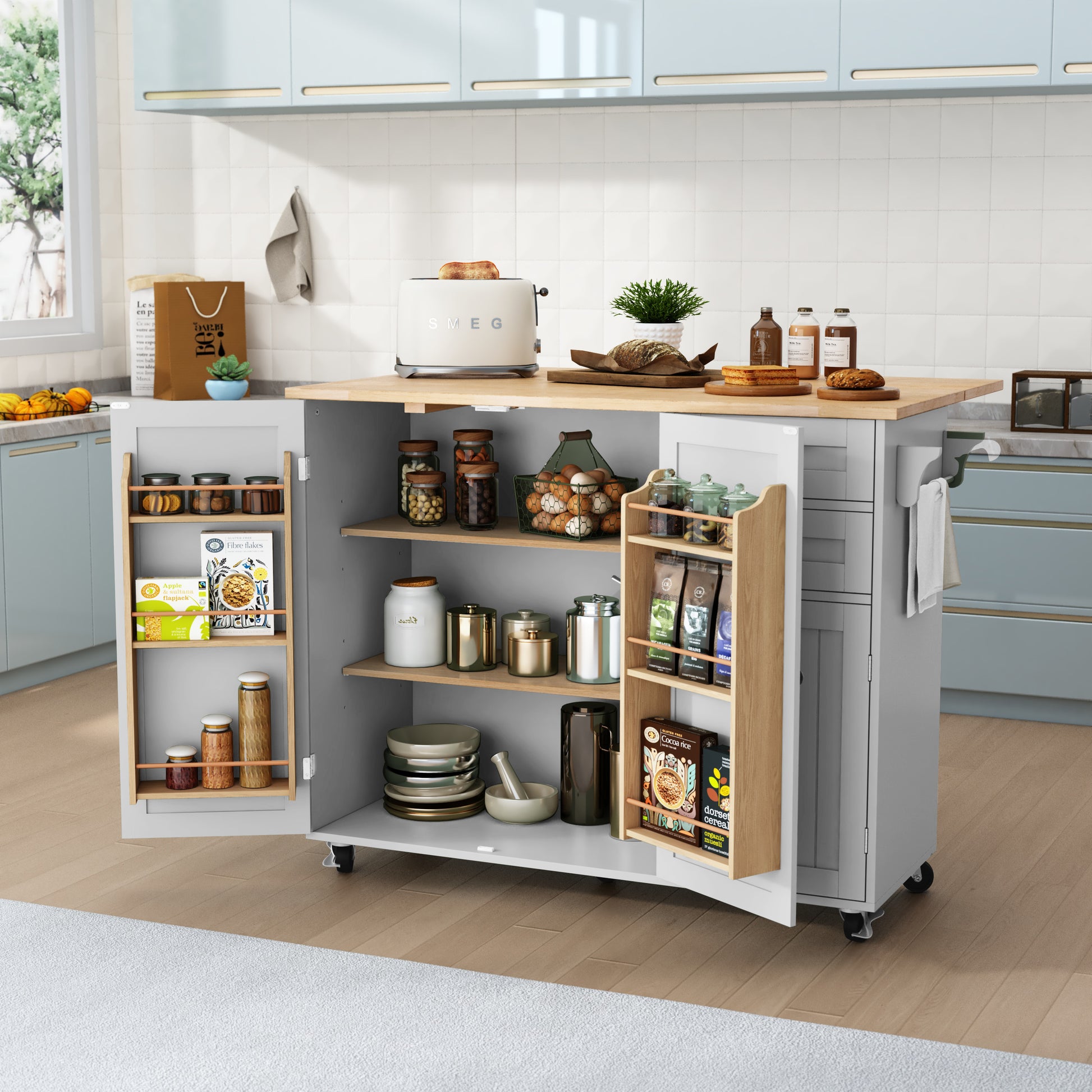 CBJCBJ 50.4" Kitchen Island with Storage, Wood Top Cart with Drop Leaf and Wheels, Gray