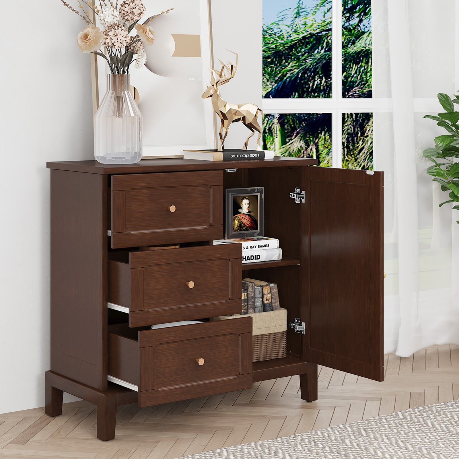 CBJCBJ 31.7"Storage Cabinet, Classical 3 Drawers & 1 Door Design with Gold-Tone Handles, Multi-Use Organizer for Living Room, Kitchen, Bathroom