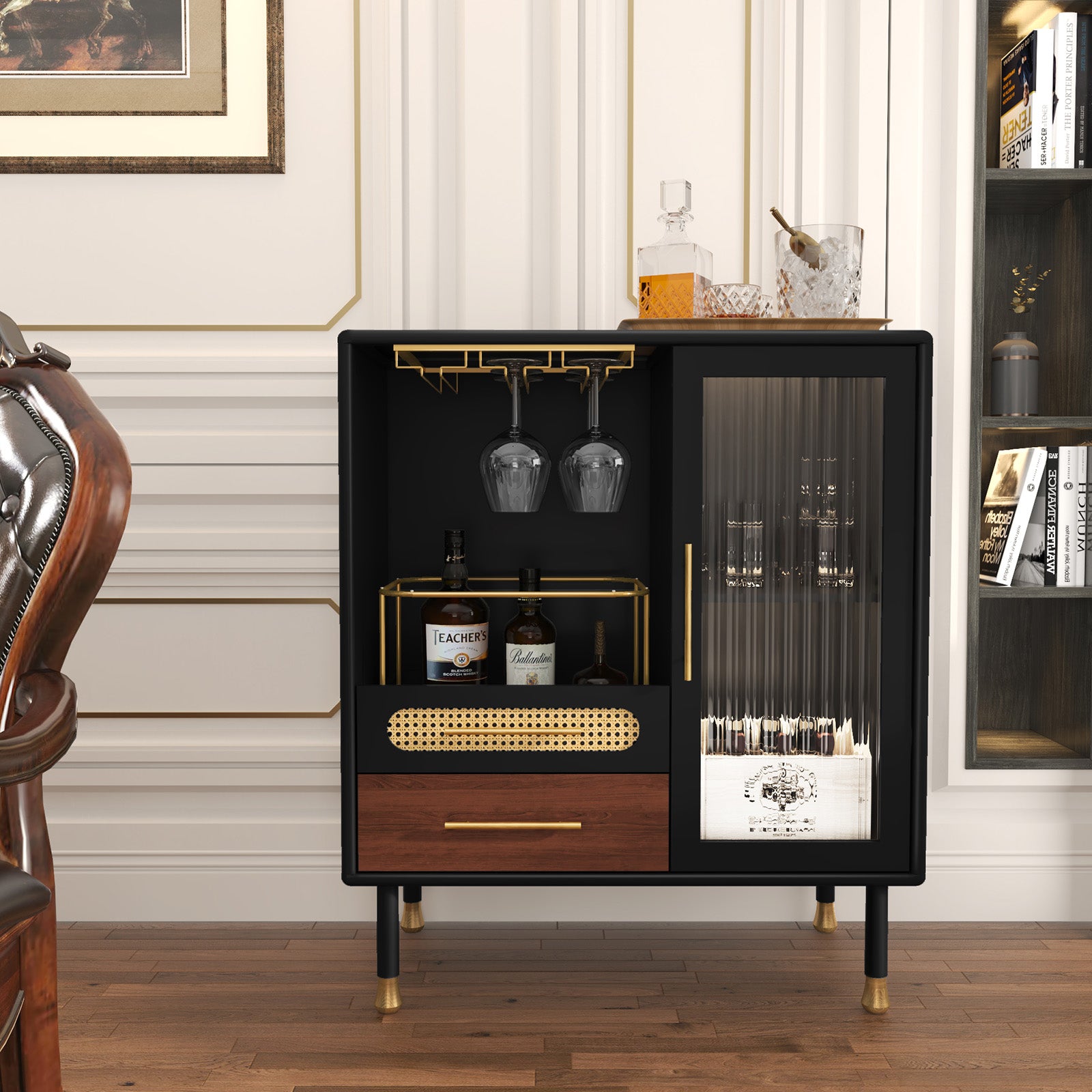 CBJCBJ Modern Coffee Bar Cabinet with Storage, Wine Cabinet with Glass Racks, Sideboard for Living Room,Black