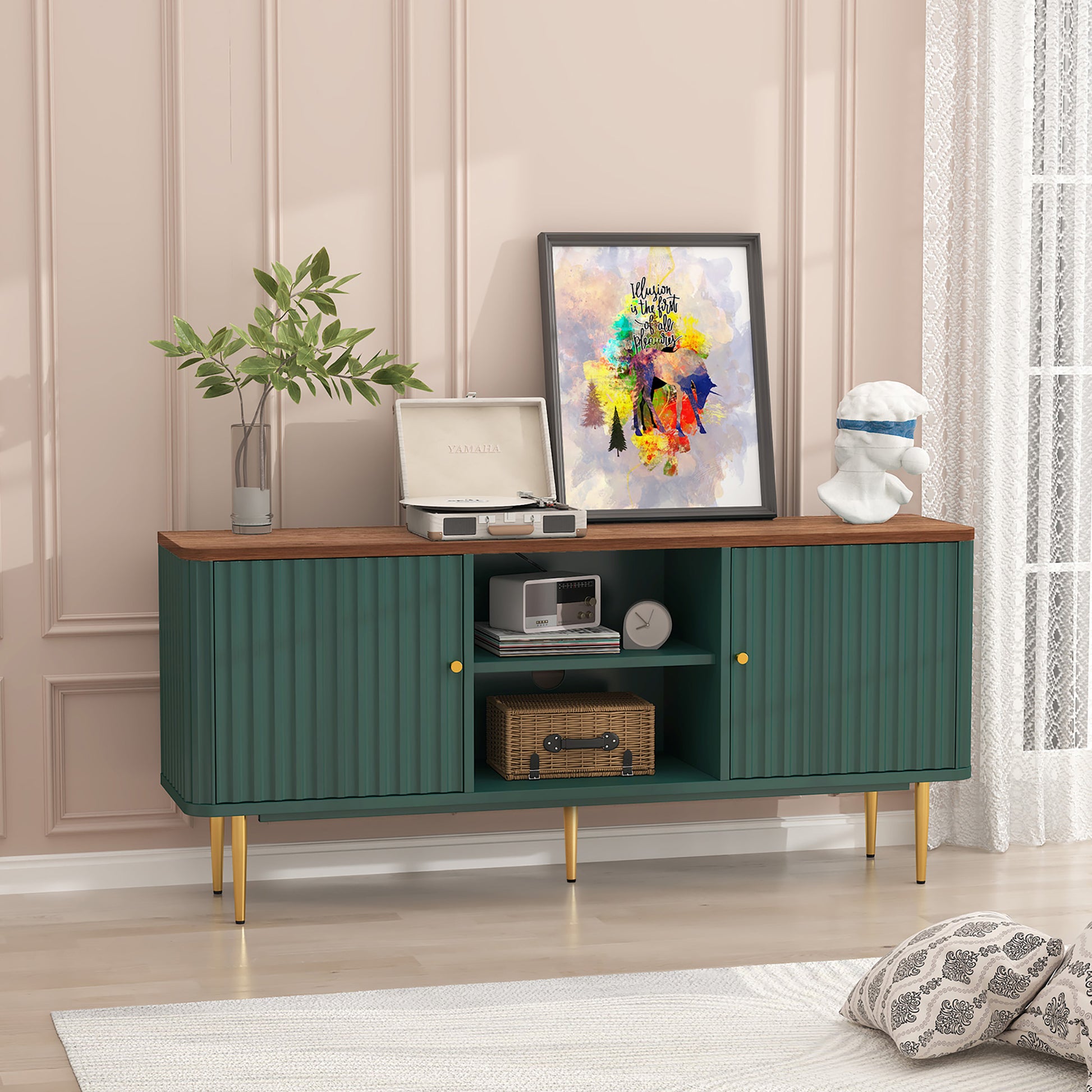 HLR Modern Fluted 55" TV Stand for 65 Inch TV with Storage, Entertainment Center for Living Room, Green