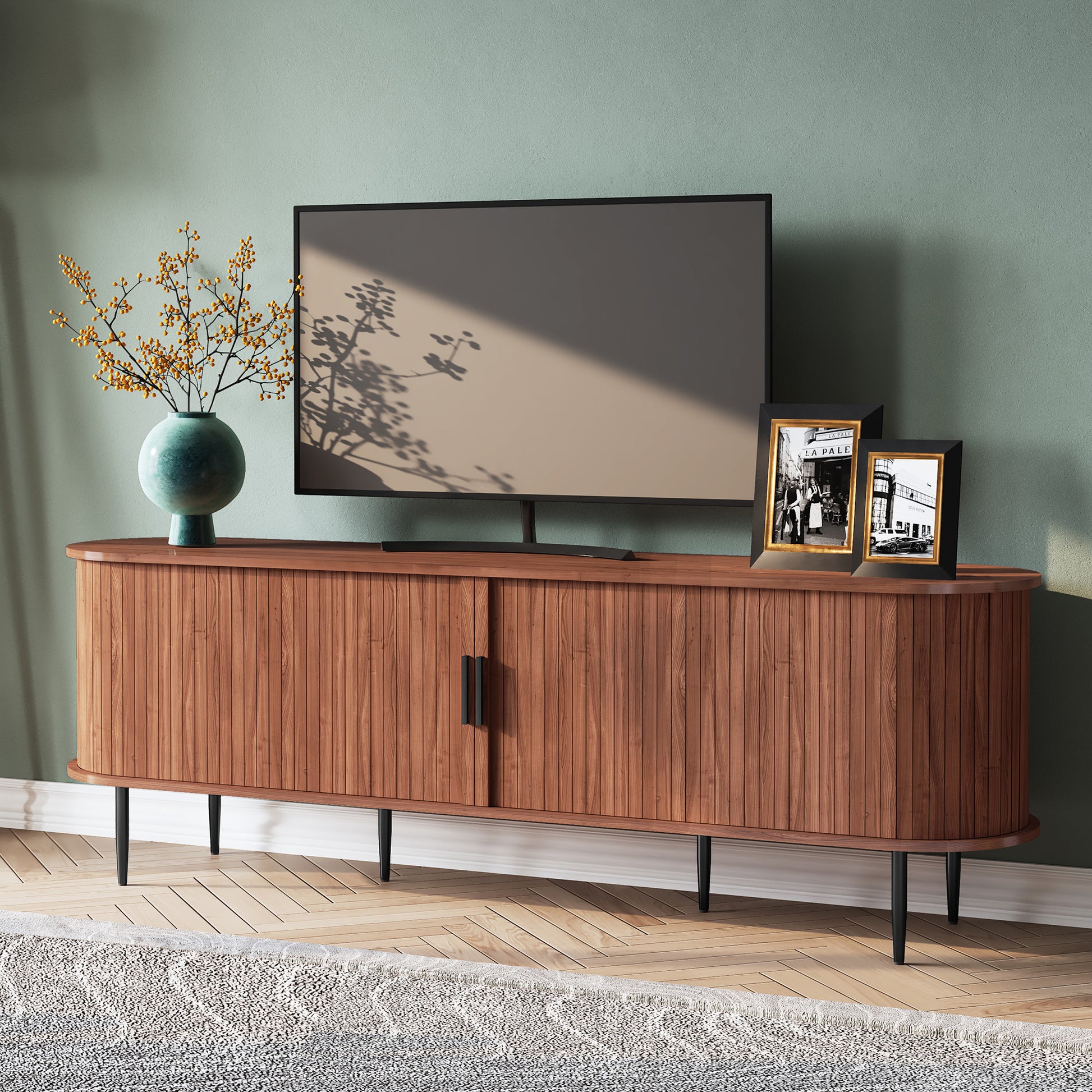 CBJCBJ 70" Modern Tambour Door TV Stand up to 80" TVs, Entertainment Center with Storage, Fluted Television Consoles for Living Room（Brown）