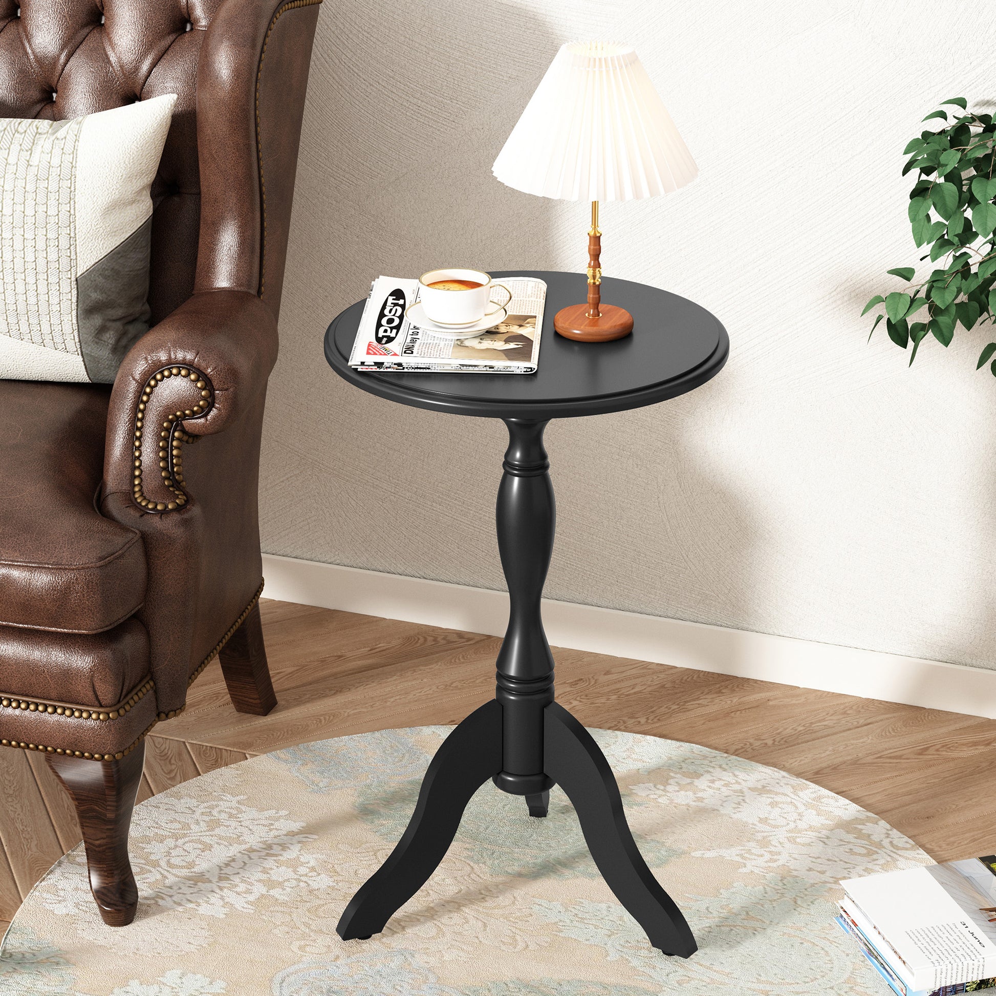 HLR Round Small End Table Wooden Side Table Pedestal Side Table,Vintage Accent Tables Nightstand, Black
