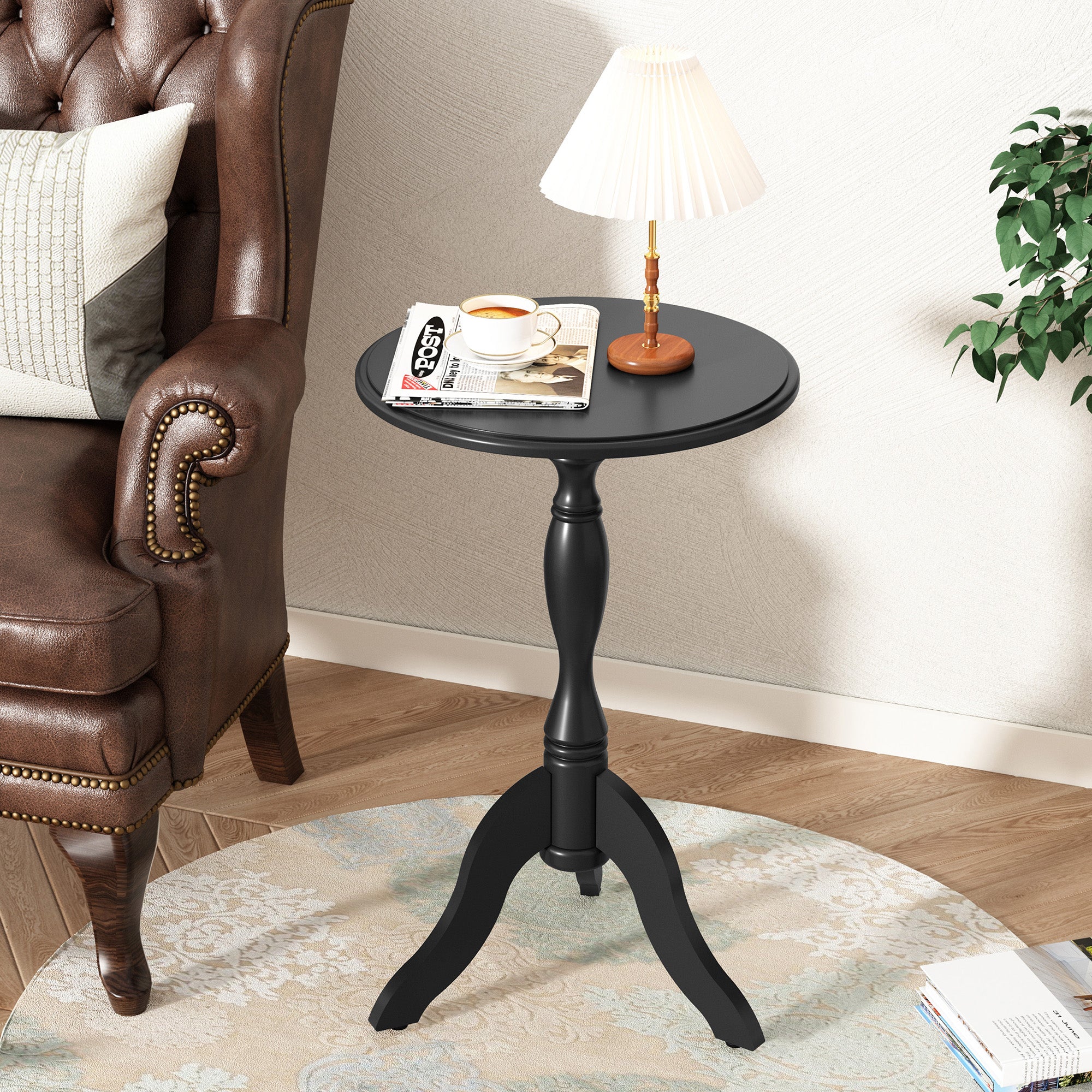 HLR Round Small End Table Wooden Side Table Pedestal Side Table,Vintage Accent Tables Nightstand, Black