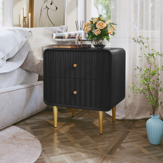 CBJCBJ 20" Modern Fluted Nightstand Set of 1, black Wood Bedside Table with 2 Drawers & Gold Metal Handles（Black）