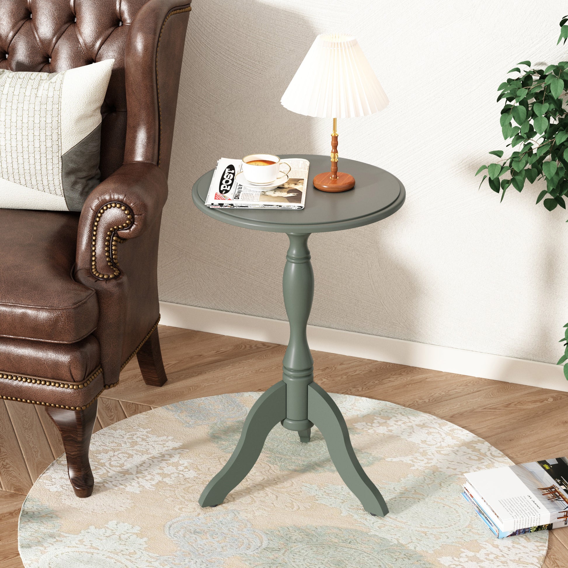 HLR Round Small End Table, Wooden Pedestal Side Coffee Table, Vintage Accent Nightstand for Living Room, Entryway, Green