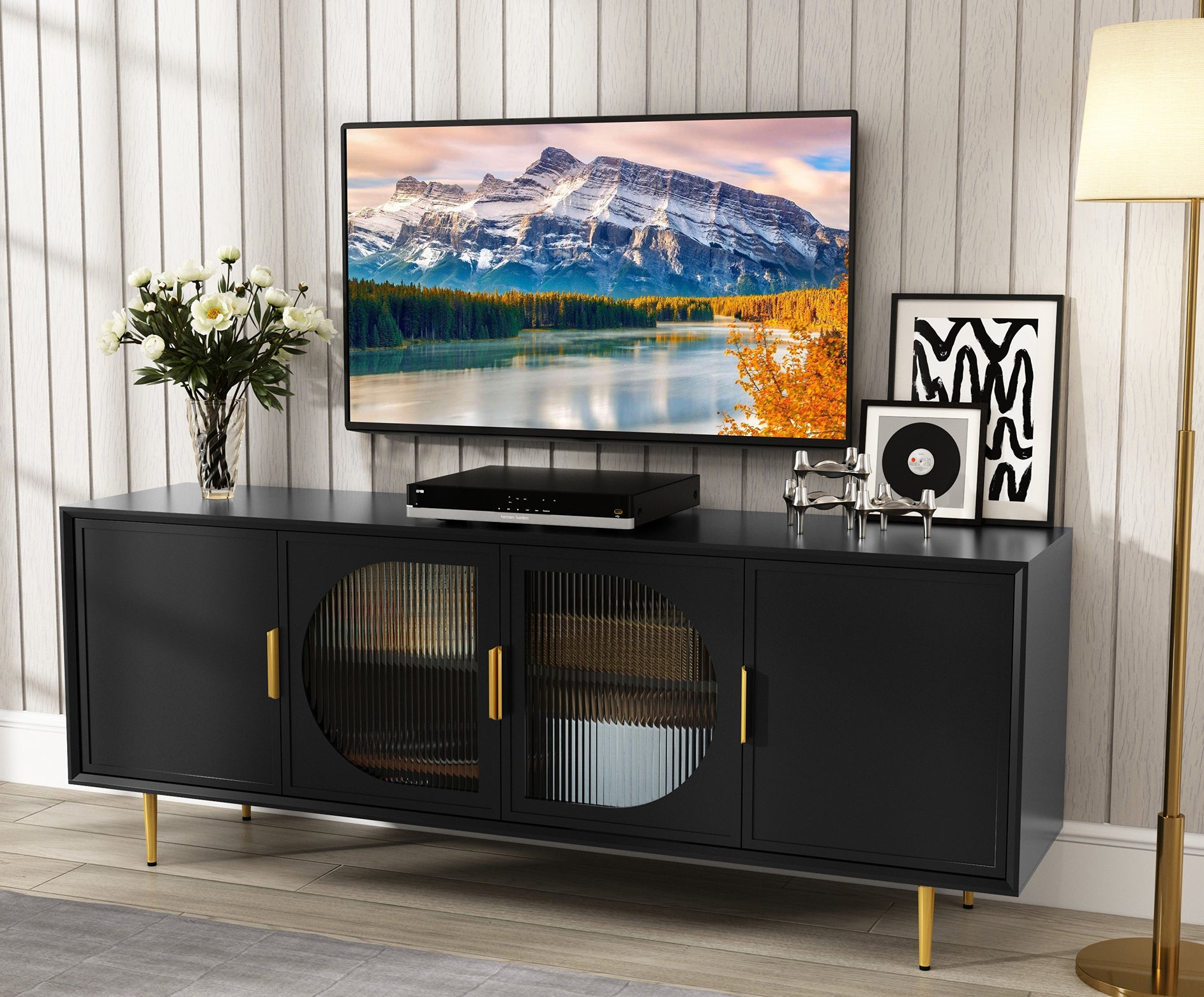 CBJCBJ 66" TV up to 75" Stand for Living Room, Entertainment Center with Glass Storage Cabinet,Black