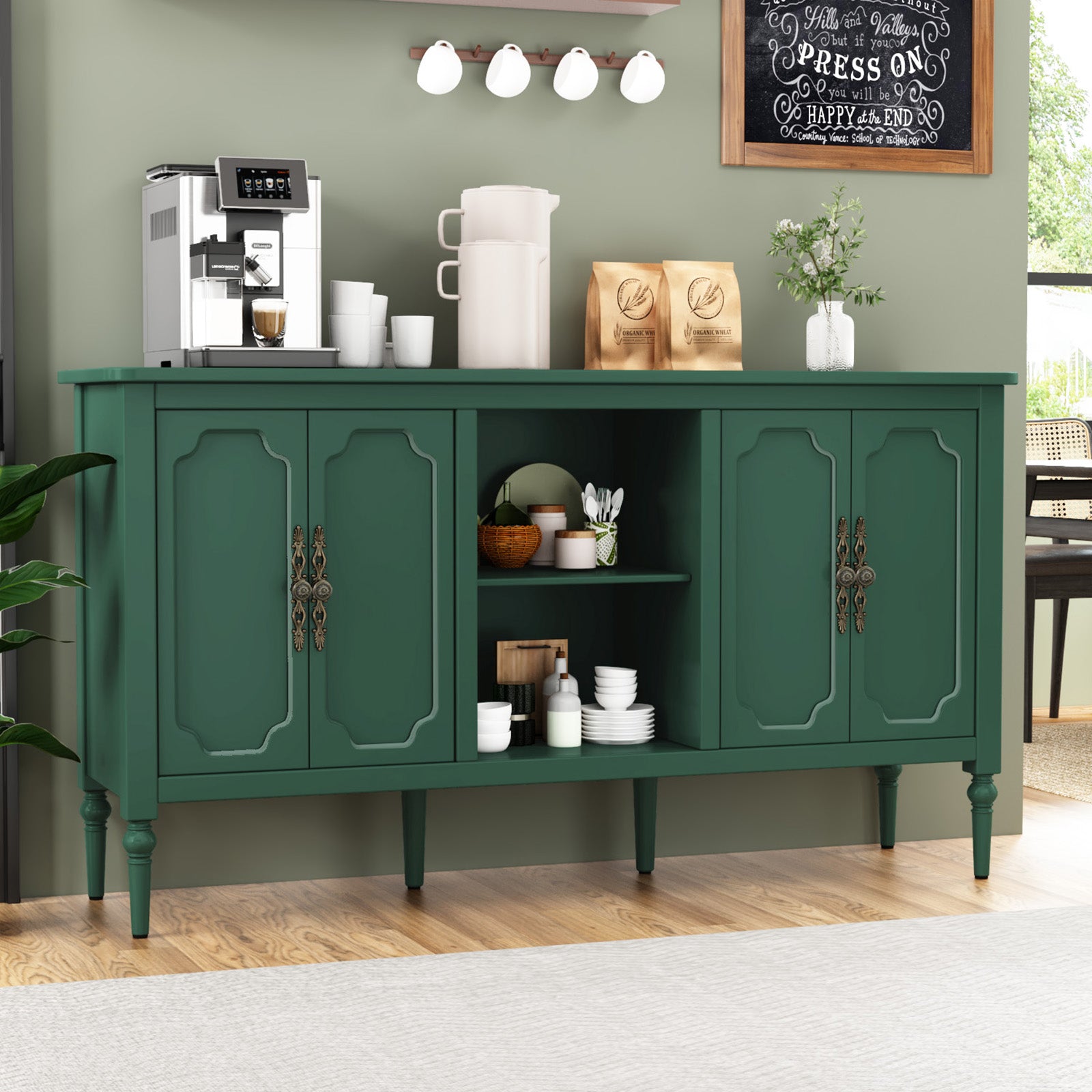 CBJCBJ 59" Mid-Century Storage Cabinet with Adjustable Shelves, Double-Layer Open Design for Living Room & Bedroom, Green