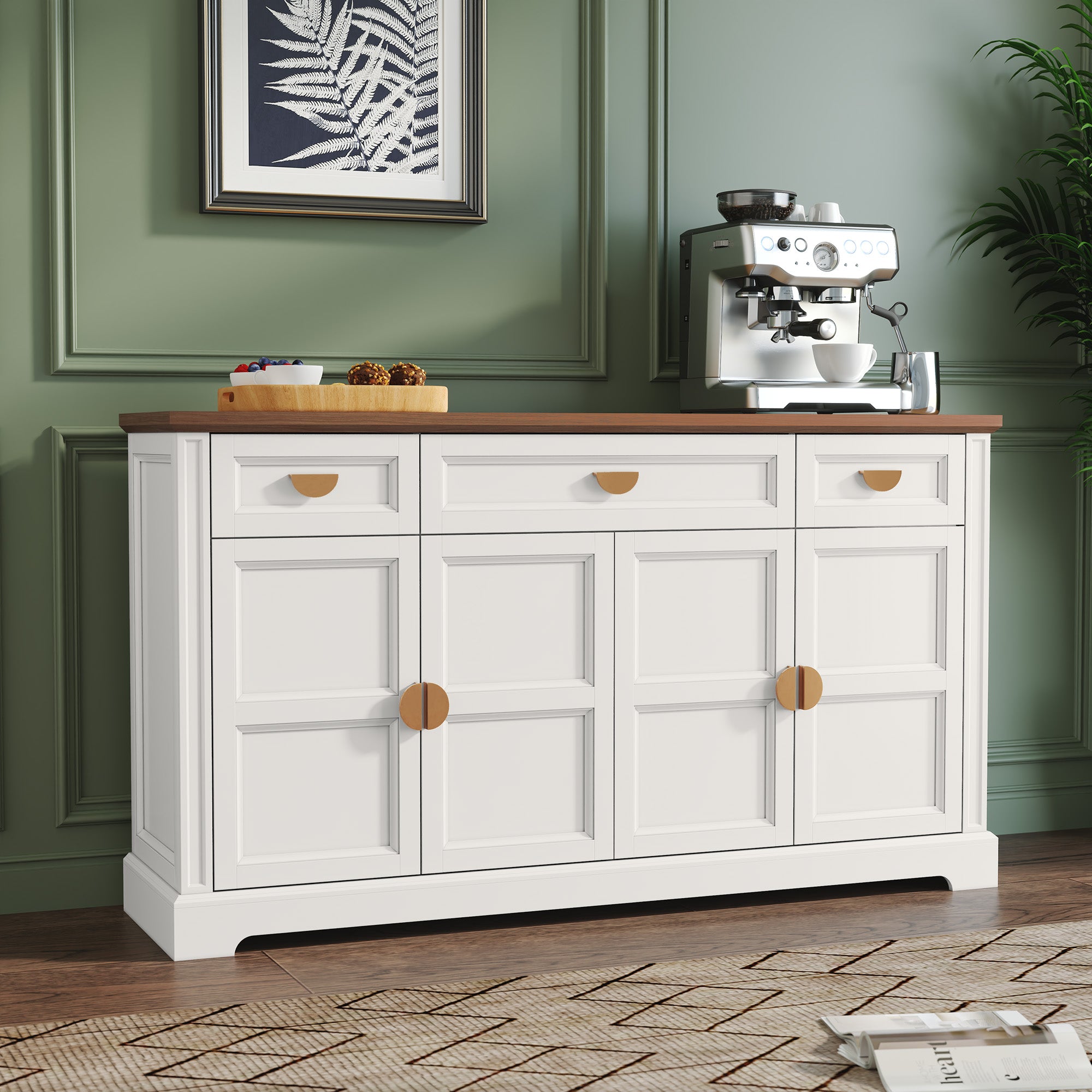 CBJCBJ Modern 60" Large Sideboard Storage Cabinet with Drawers, Farmhouse Wooden Coffee Bar