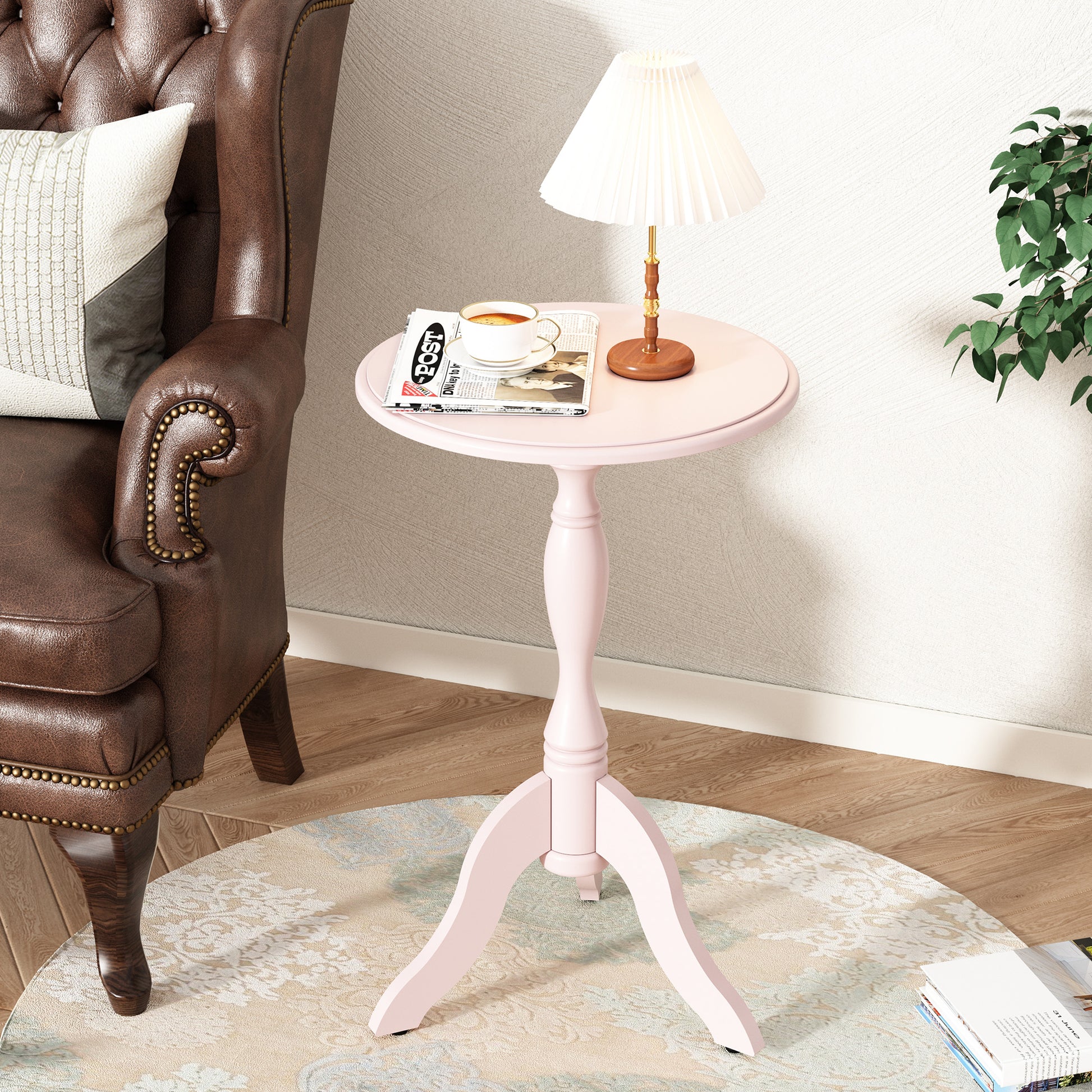 HLR Round Small End Table, Wooden Pedestal Side Coffee Table, Vintage Accent Nightstand for Living Room, Entryway, Pink