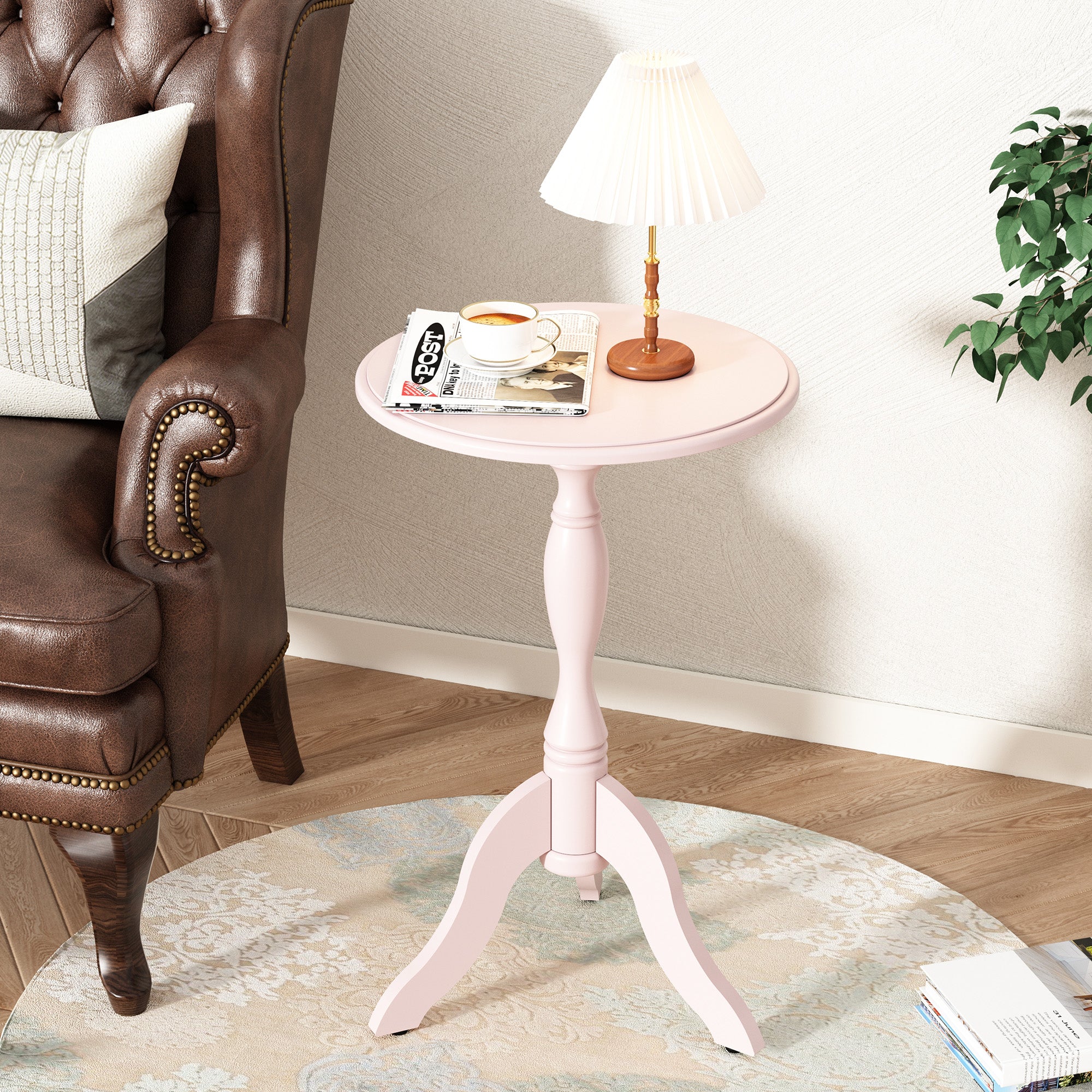 HLR Round Small End Table, Wooden Pedestal Side Coffee Table, Vintage Accent Nightstand for Living Room, Entryway, Pink